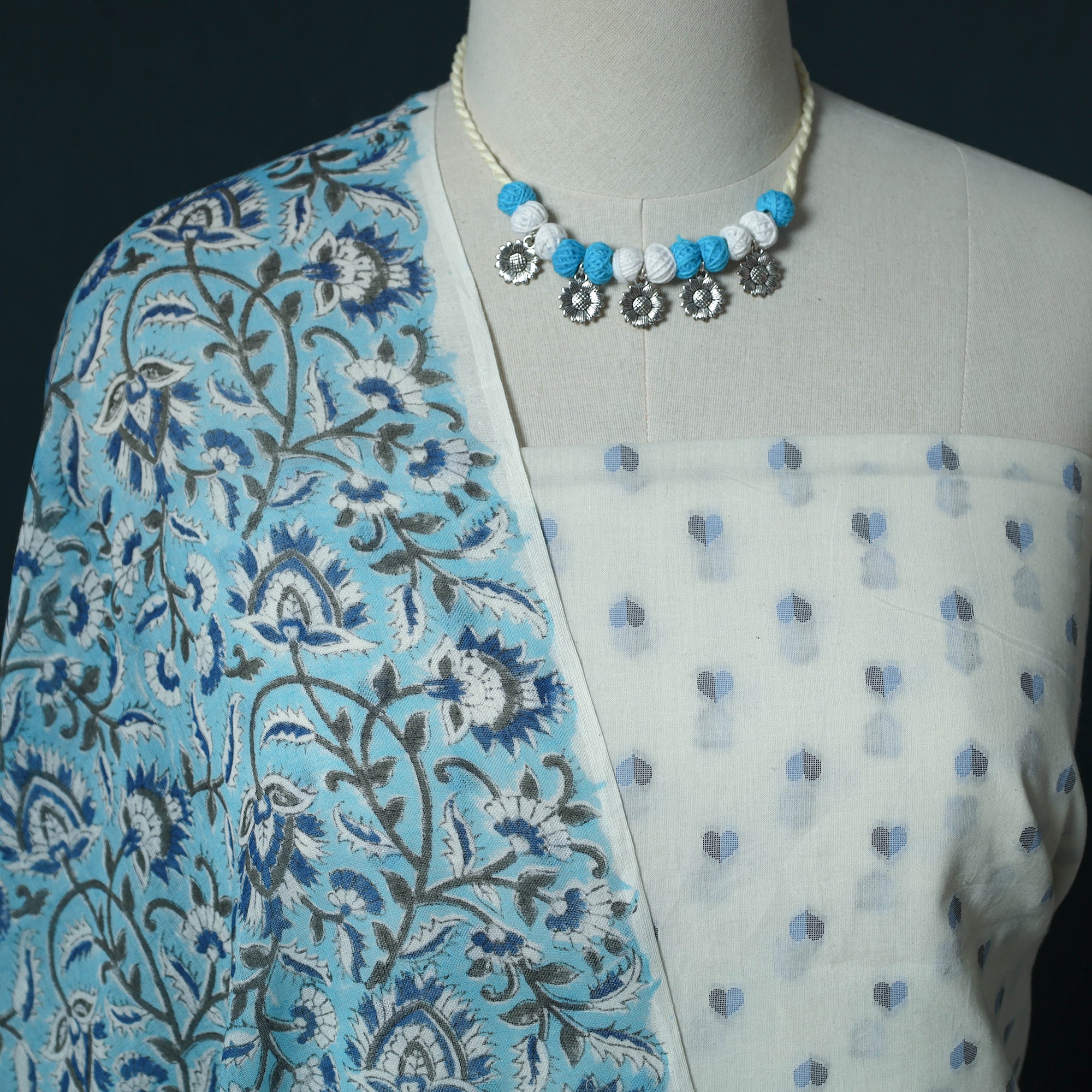 White - Jacquard Cotton 2pc Unstitched Dress Material Kurta Set with Jewellery Set 40 - Image 3