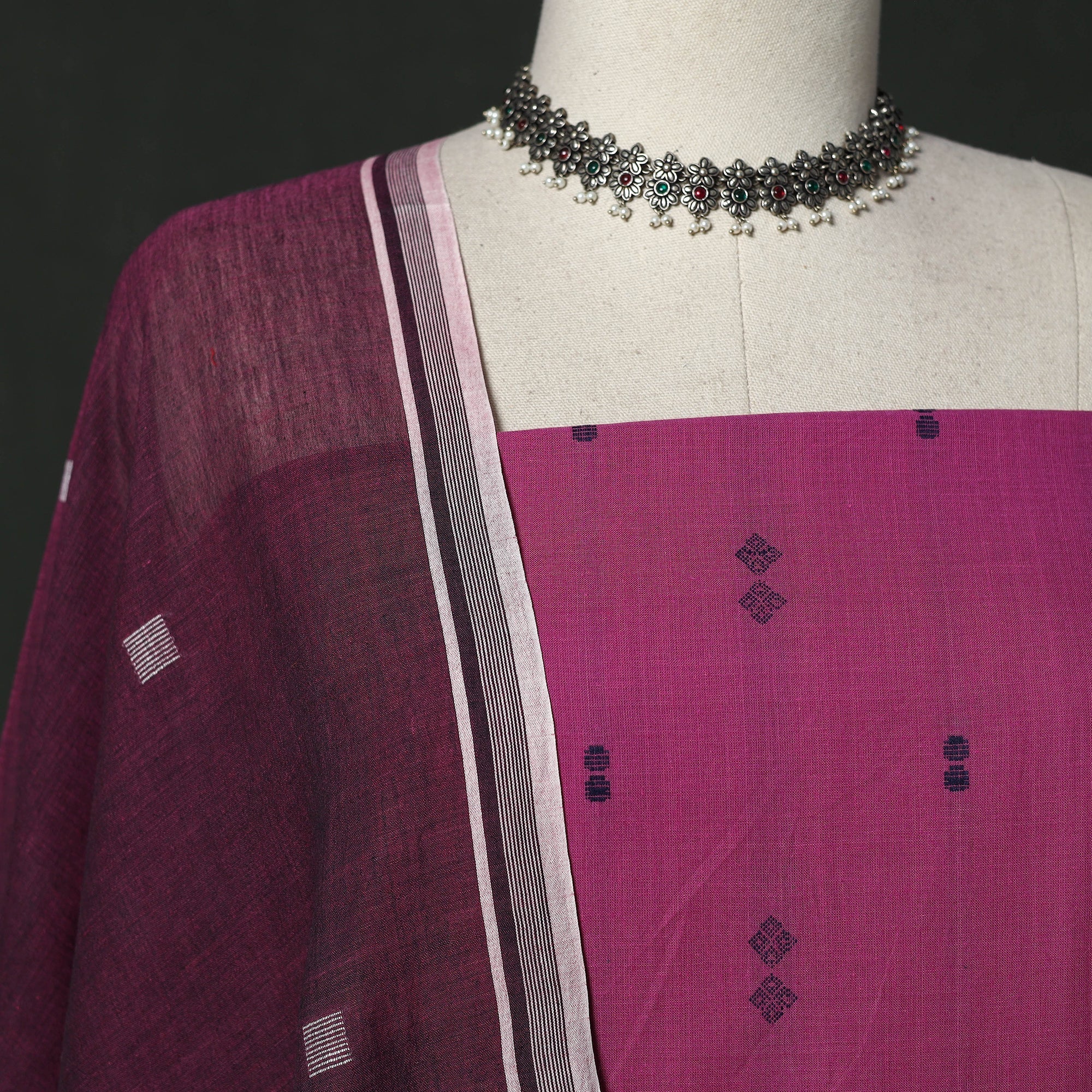 Purple - Jacquard Cotton 2pc Unstitched Dress Material with Earrings 05 - Image 3