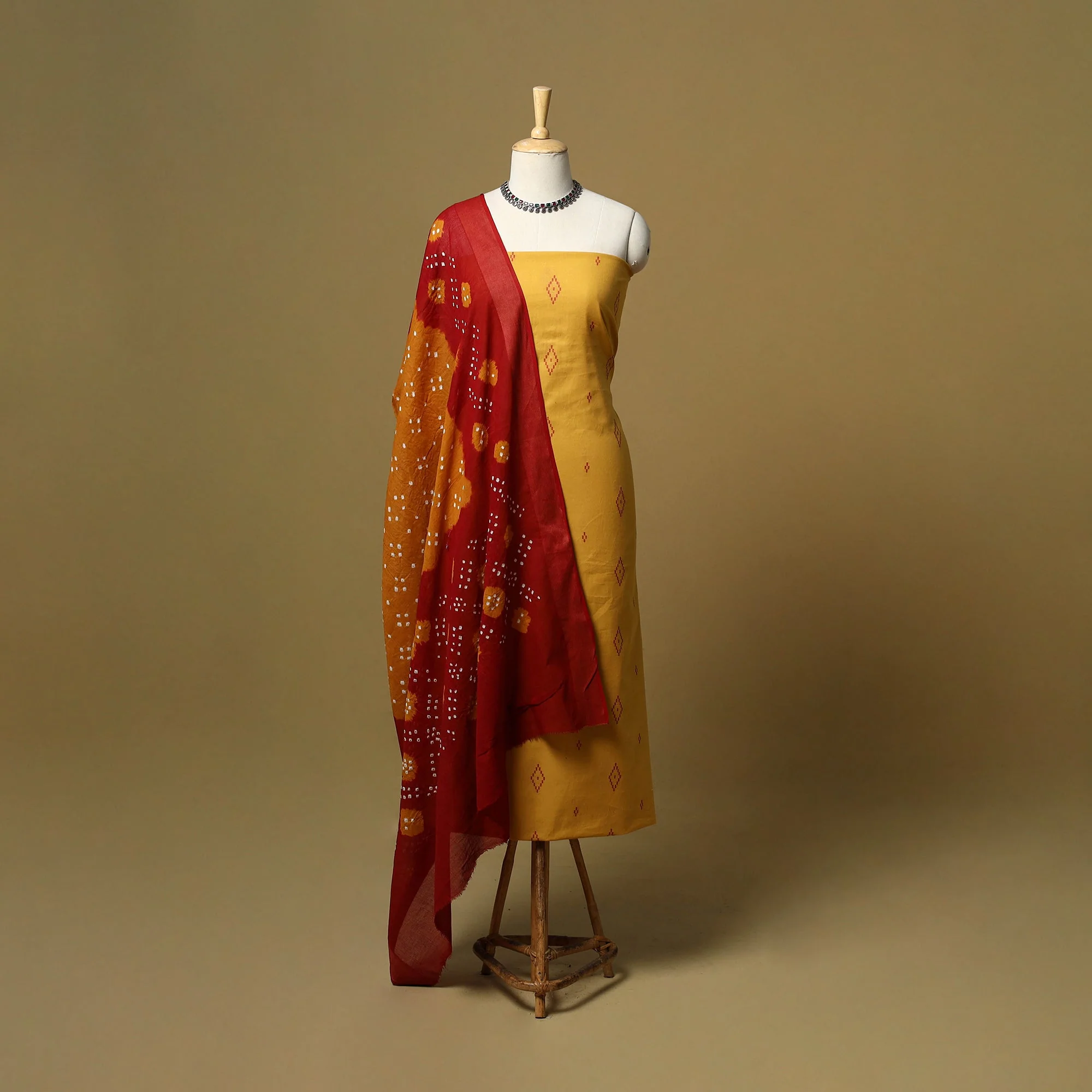 Yellow - Jacquard Cotton 2pc Unstitched Dress Material with Earrings 08