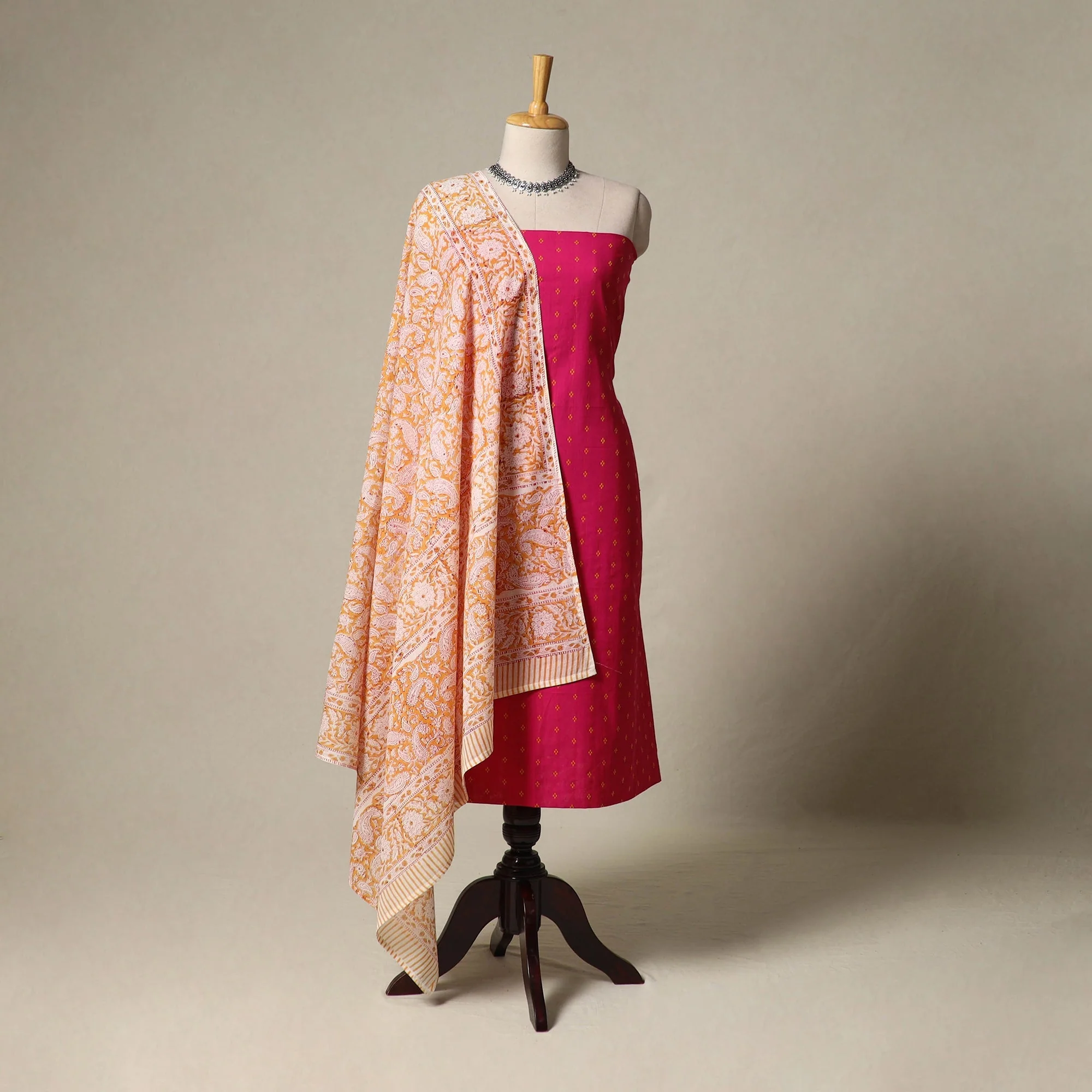 Pink - Jacquard Cotton 2pc Unstitched Dress Material with Earrings 15