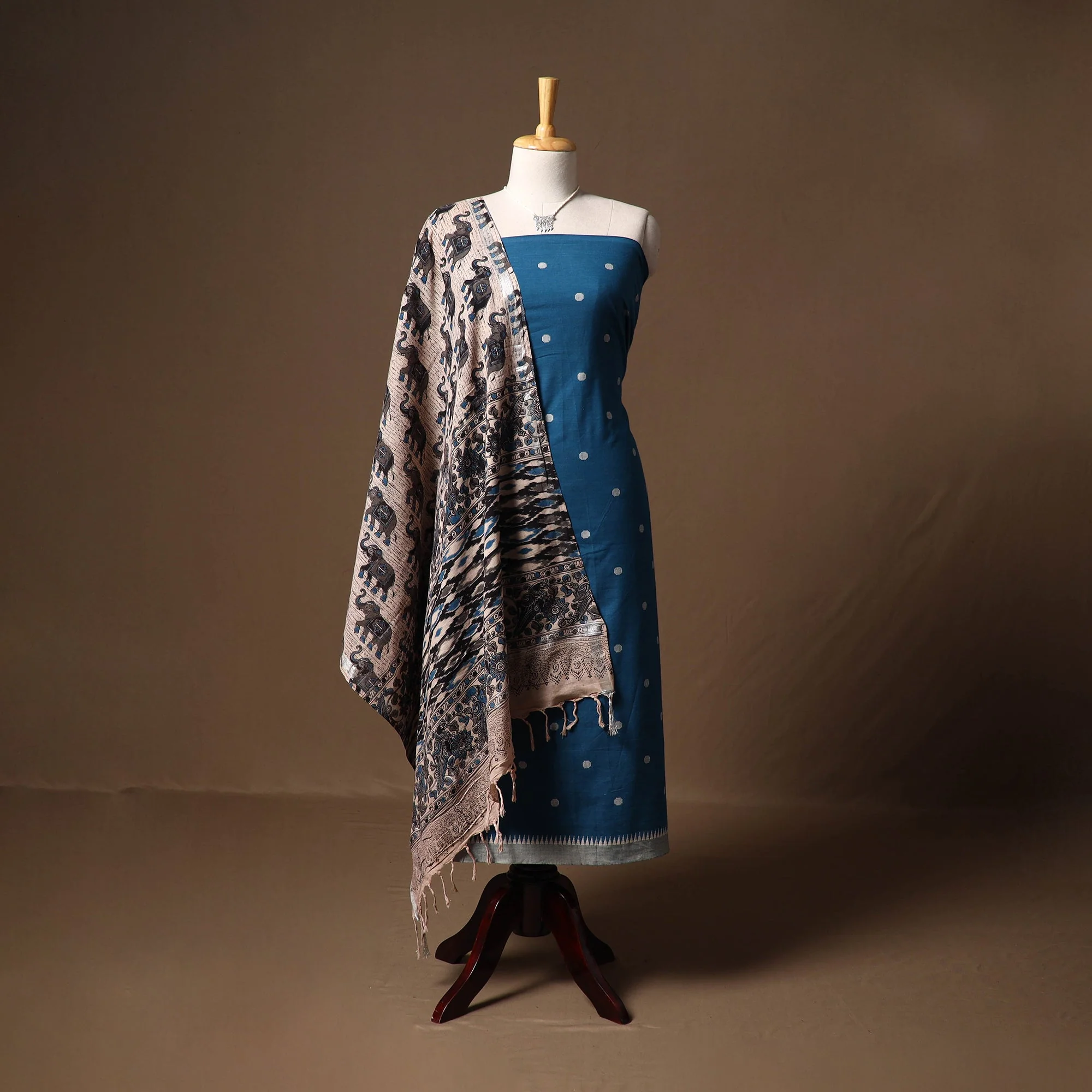 Blue - Jacquard Cotton 2pc Unstitched Dress Material with Jewellery Set 05