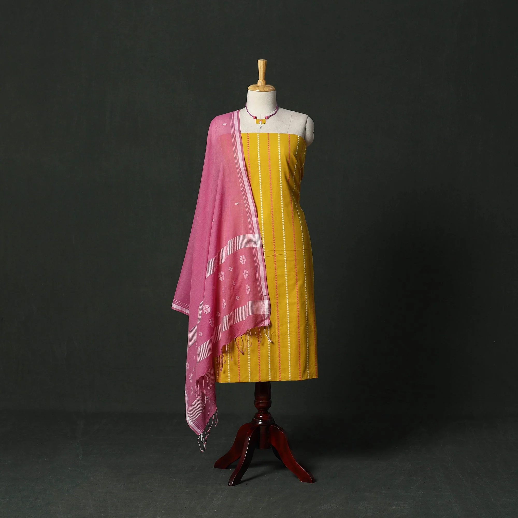 Yellow - Jacquard Cotton 2pc Unstitched Dress Material with Jewellery Set 14