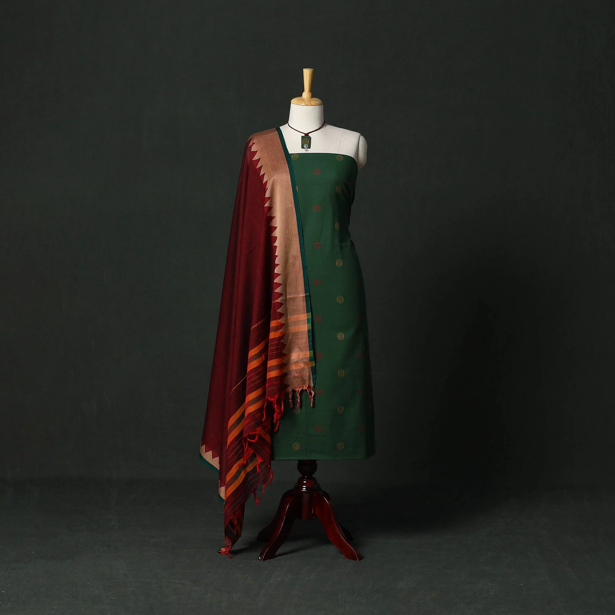 Green - Jacquard Cotton 2pc Unstitched Dress Material with Jewellery Set 15