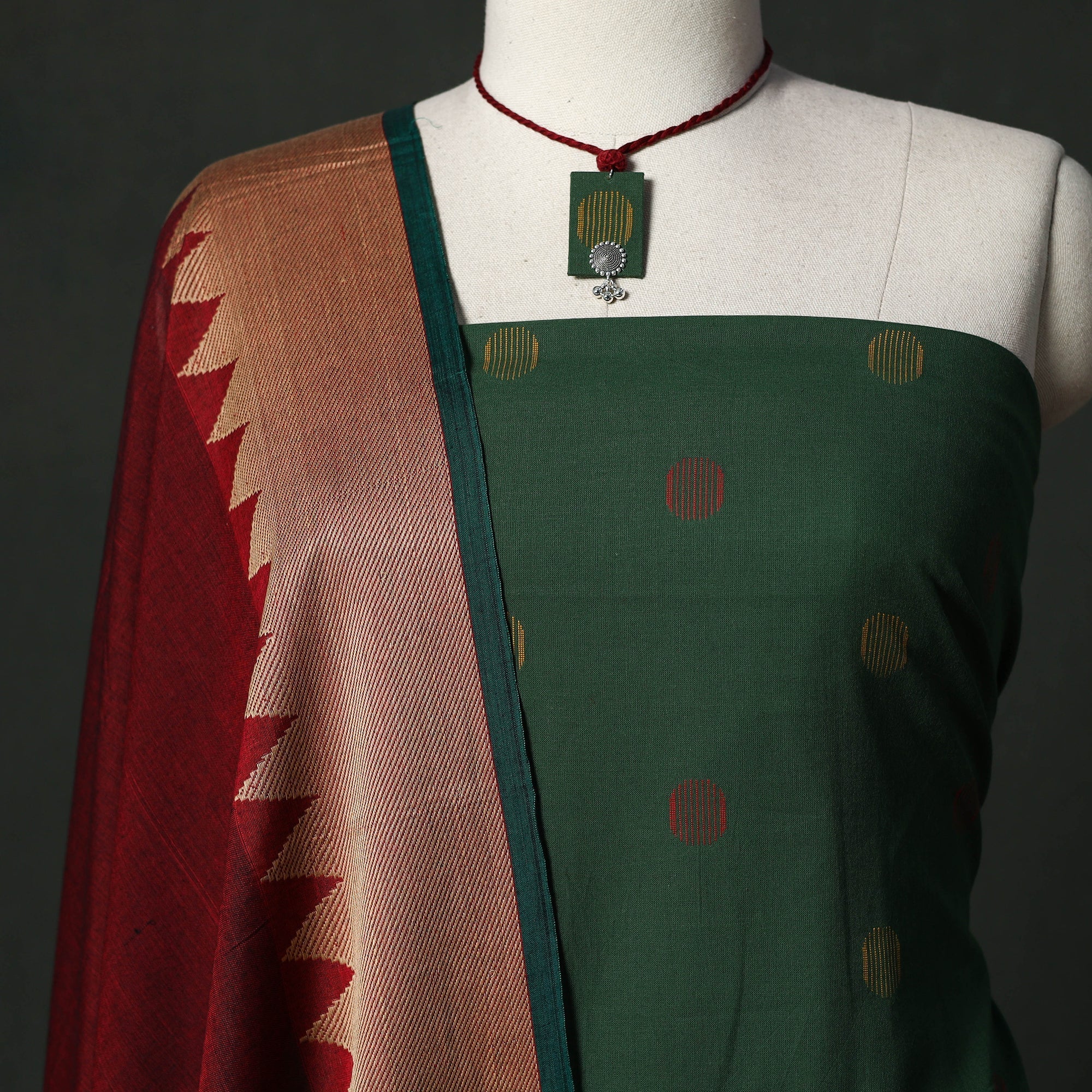 Green - Jacquard Cotton 2pc Unstitched Dress Material with Jewellery Set 15 - Image 3