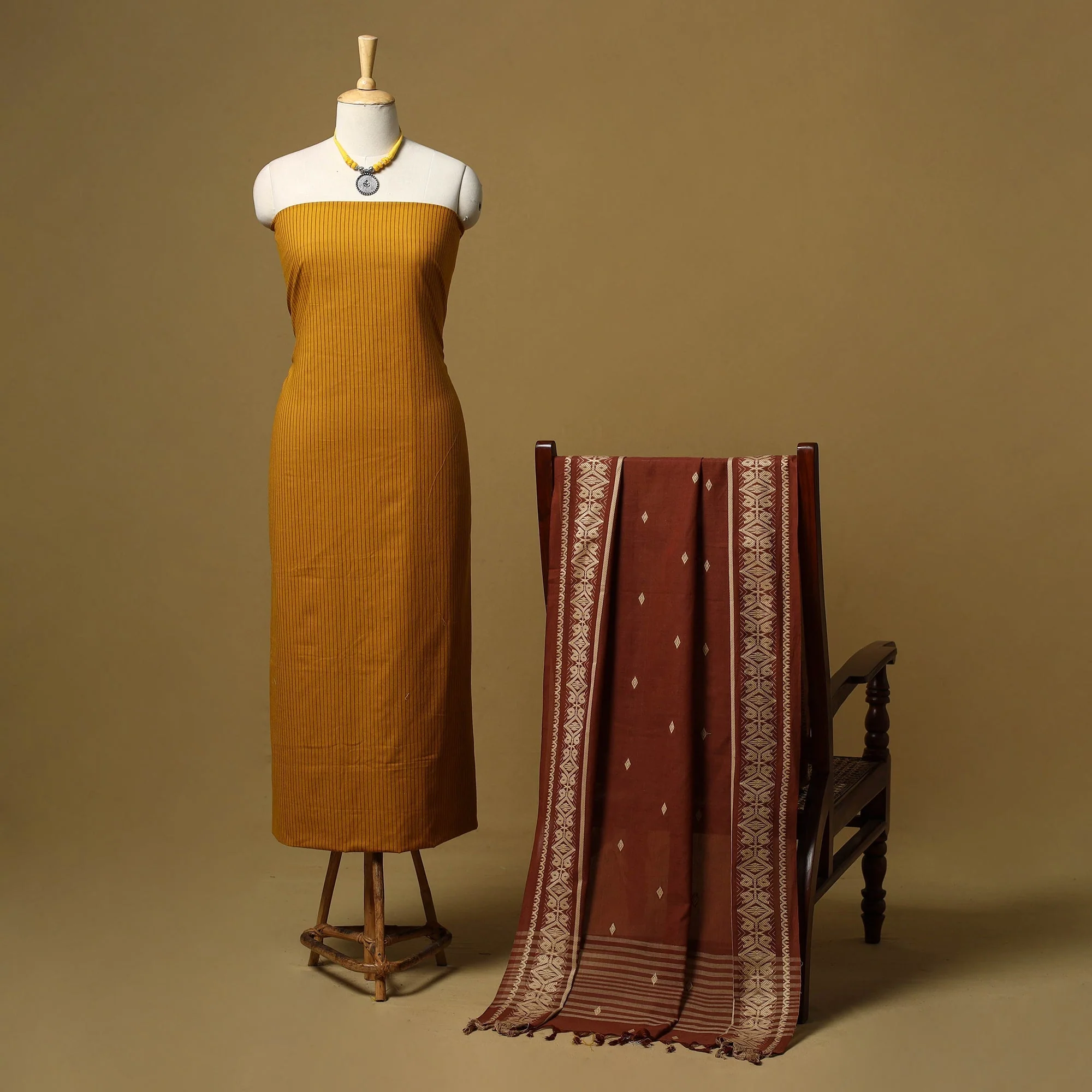 Yellow - Jacquard Cotton 2pc Unstitched Dress Material with Jewellery Set 16 - Image 2