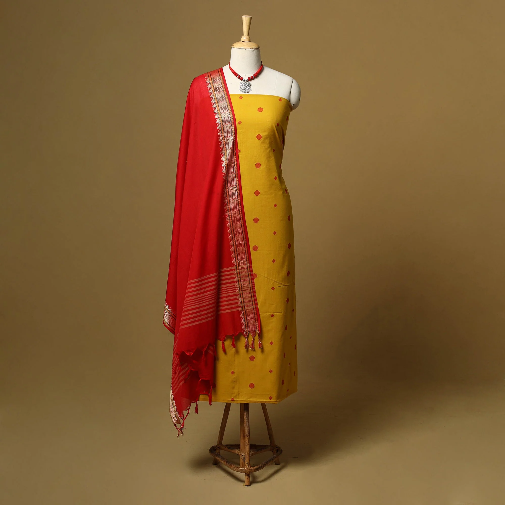 Yellow - Jacquard Cotton 2pc Unstitched Dress Material with Jewellery Set 20