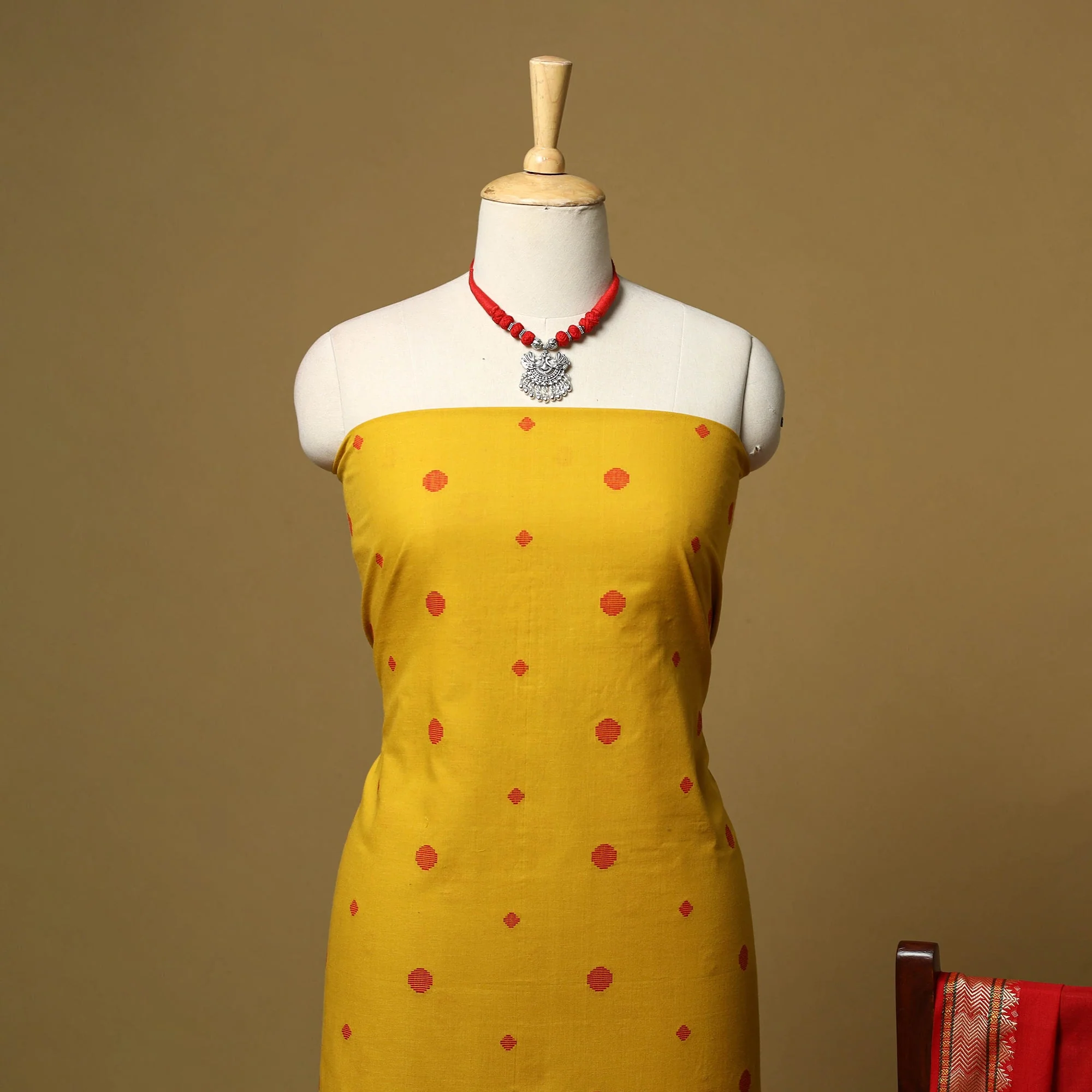 Yellow - Jacquard Cotton 2pc Unstitched Dress Material with Jewellery Set 20 - Image 3
