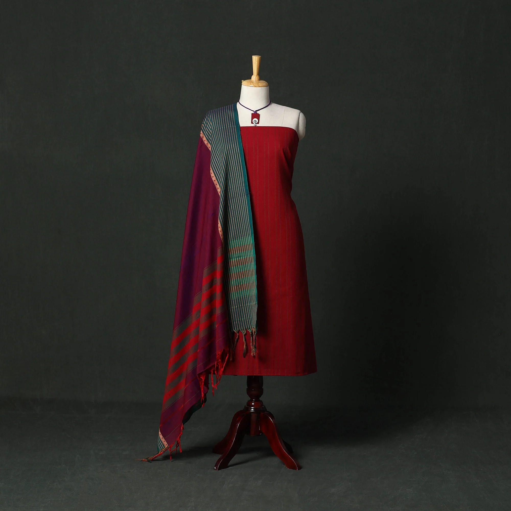 Maroon - Jacquard Cotton 2pc Unstitched Dress Material with Jewellery Set 24
