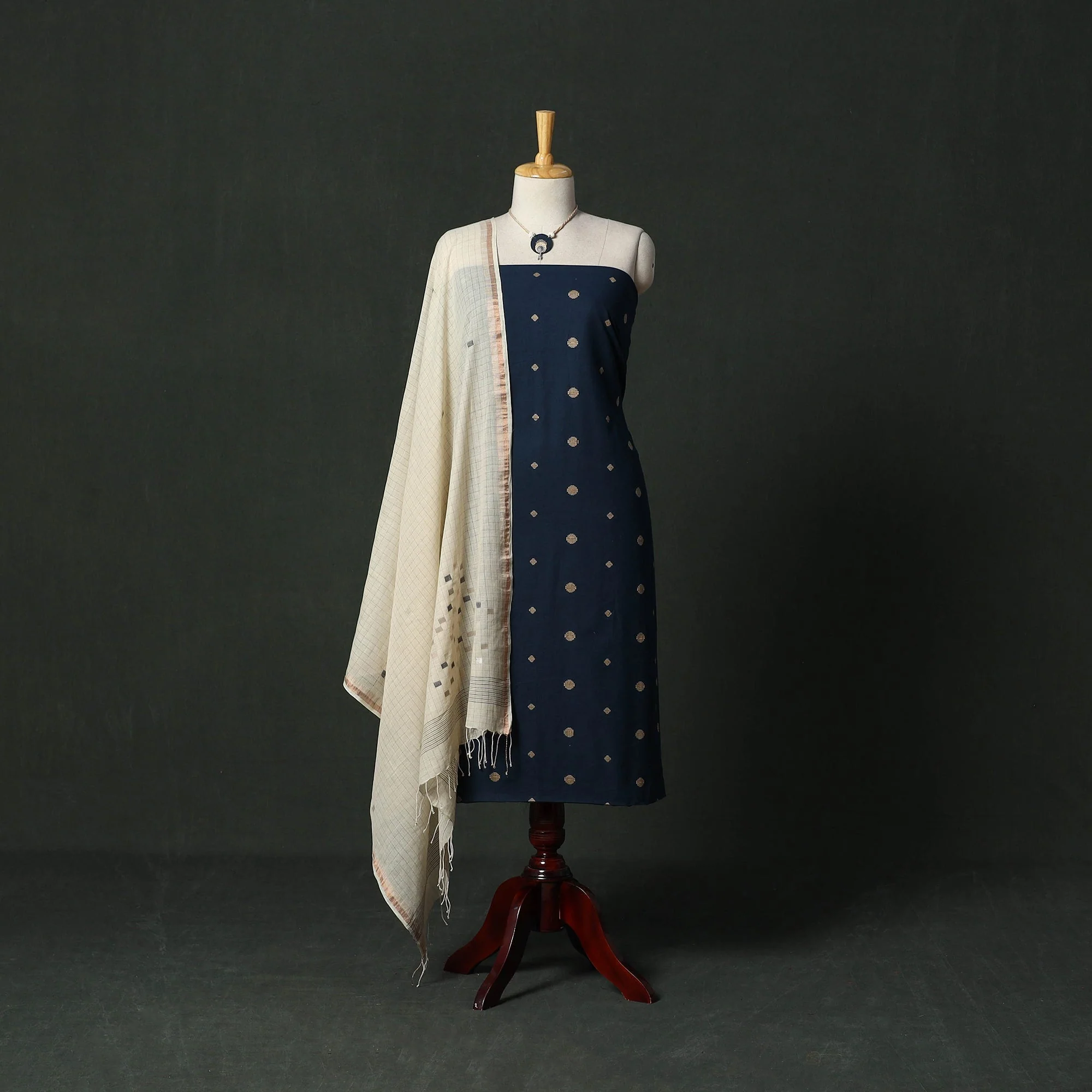 Blue - Jacquard Cotton 2pc Unstitched Dress Material with Jewellery Set 32