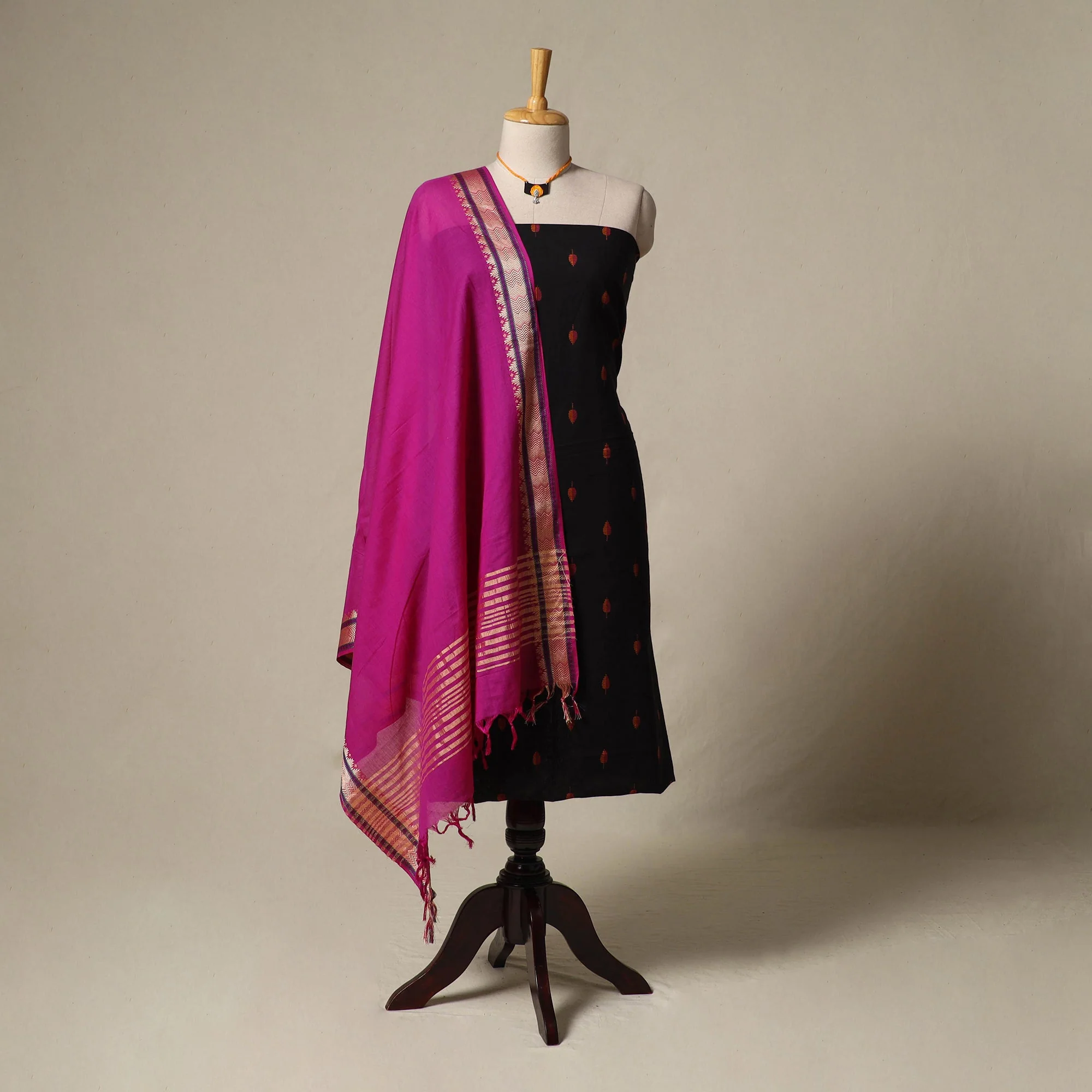 Black - Jacquard Cotton 2pc Unstitched Dress Material with Jewellery Set 35
