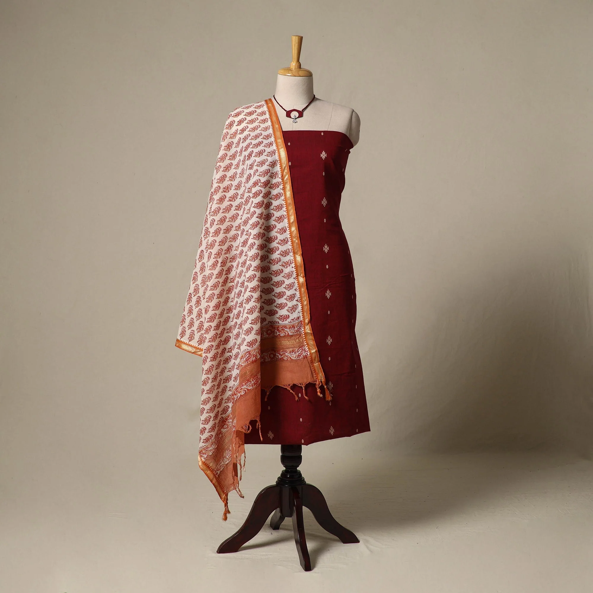 Maroon - Jacquard Cotton 2pc Unstitched Dress Material with Jewellery Set 44