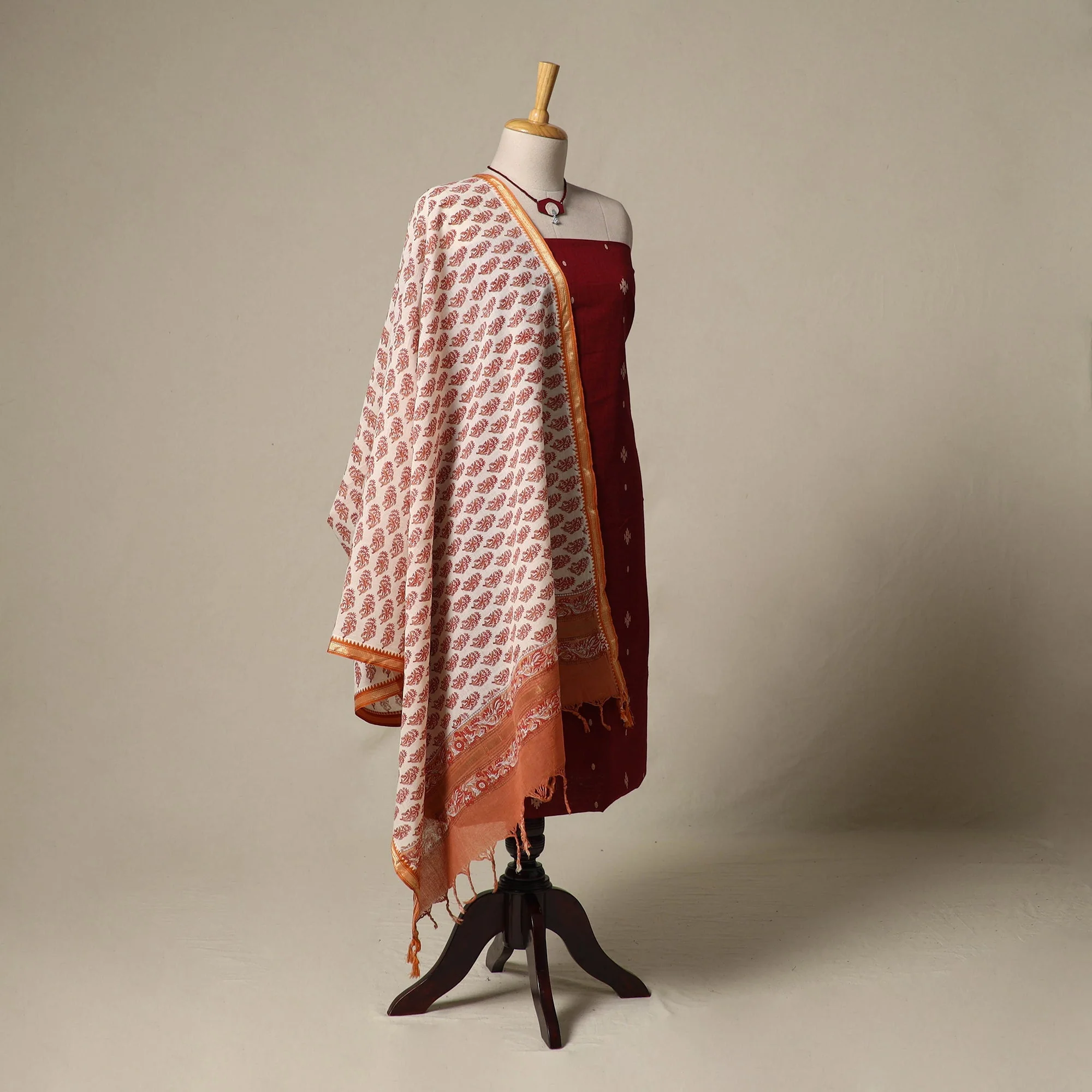 Maroon - Jacquard Cotton 2pc Unstitched Dress Material with Jewellery Set 44 - Image 2