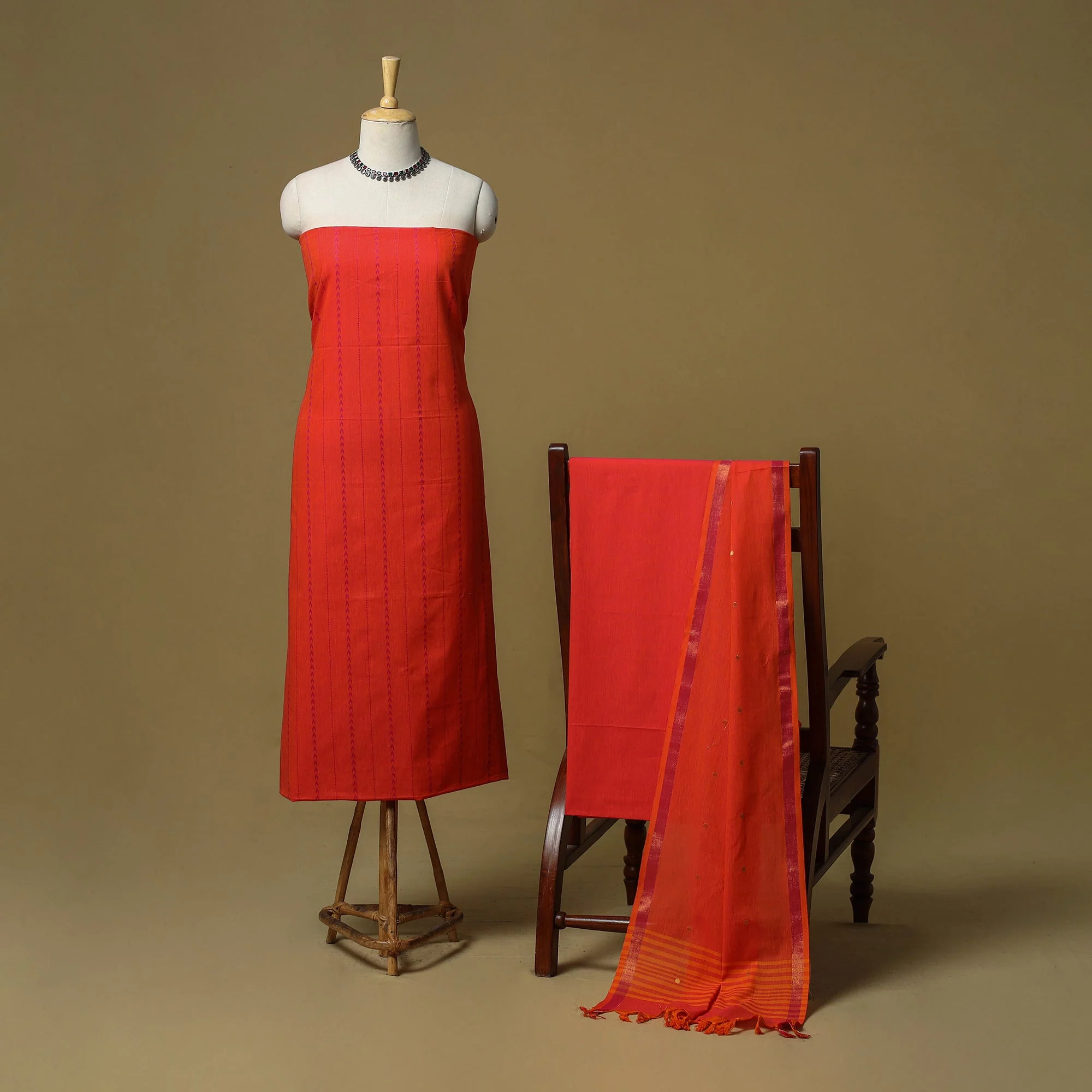 Orange - Jacquard Cotton 3pc Unstitched Dress Material 101