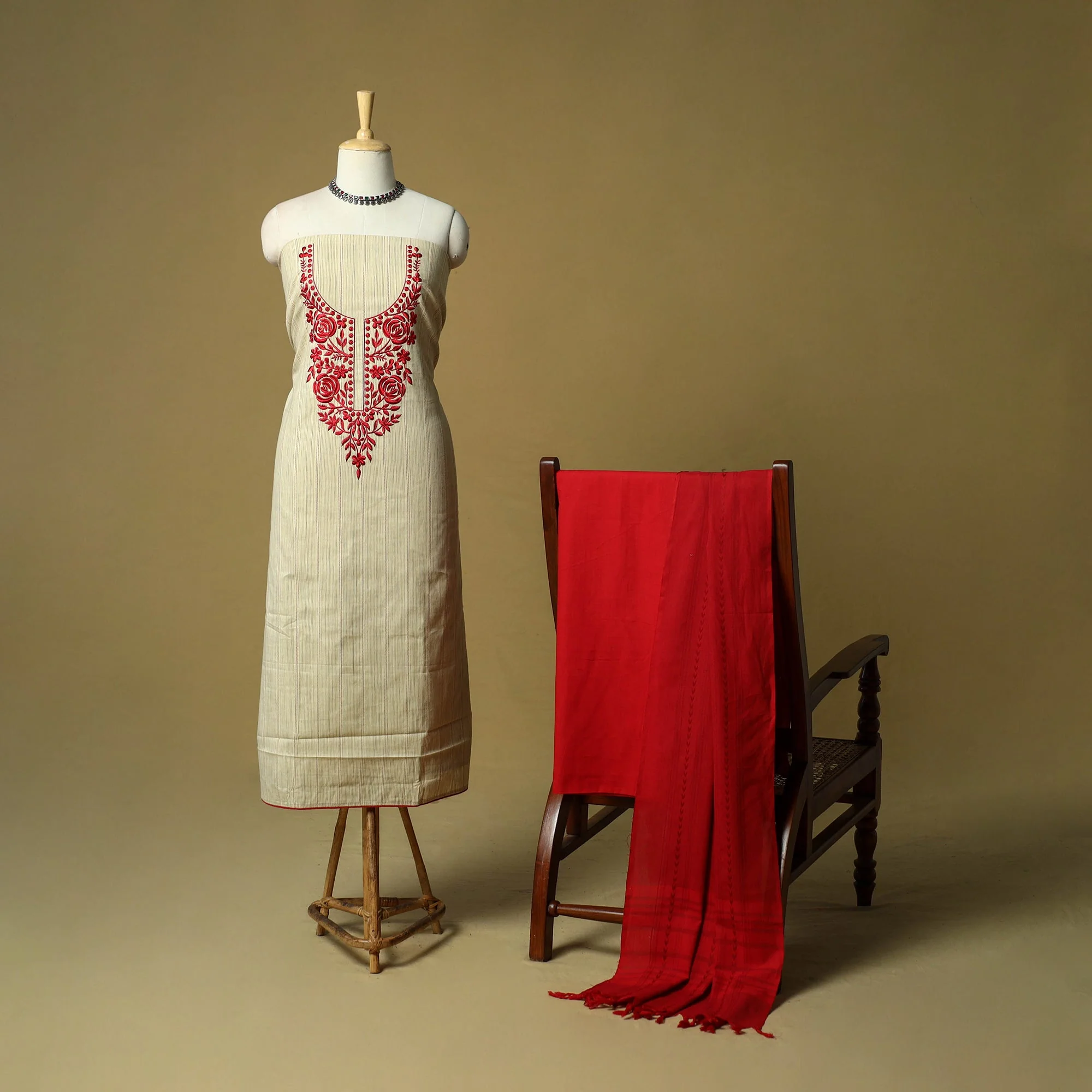 Beige - Jacquard Embroidered Cotton 3pc Unstitched Dress Material 64
