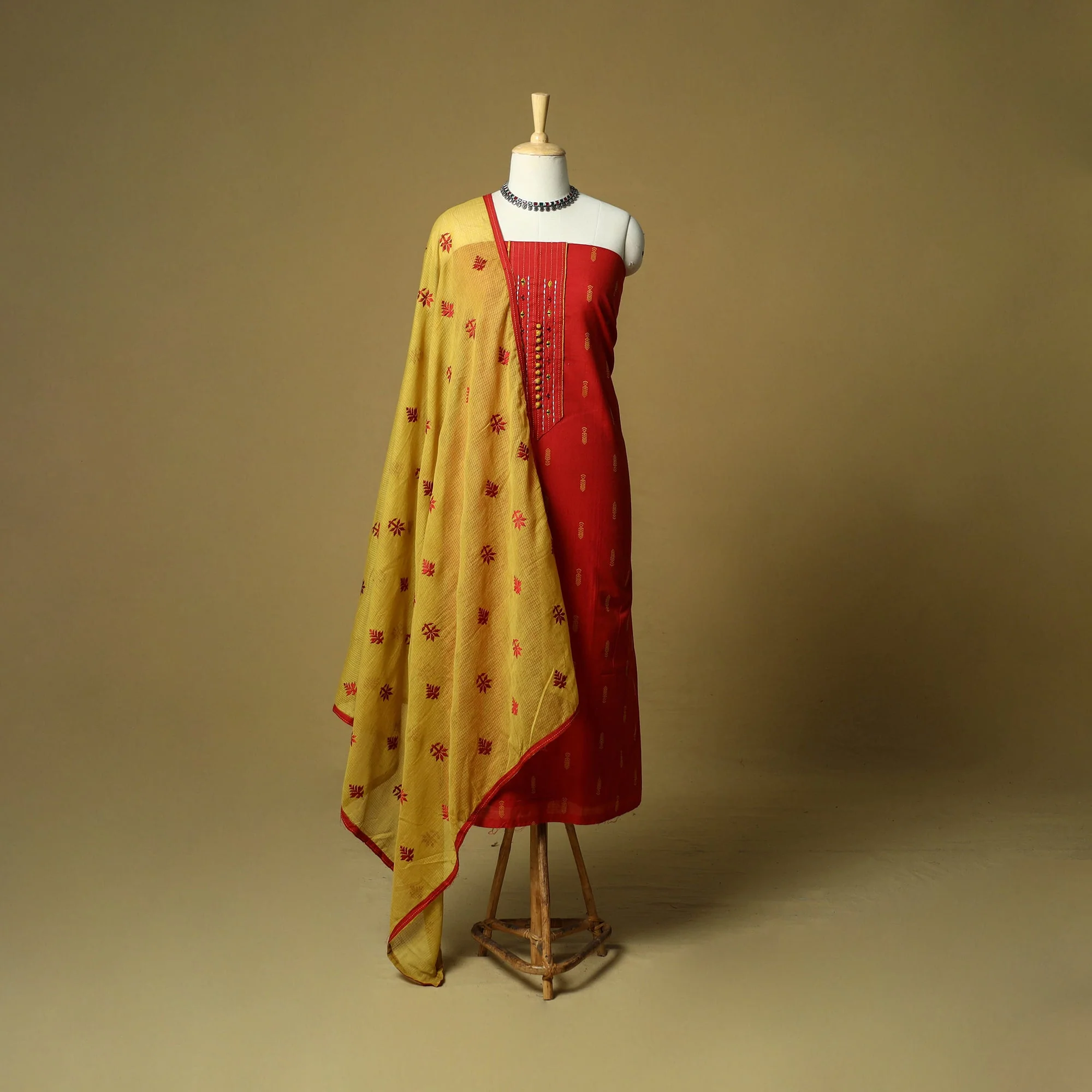 Red - Jacquard Embroidered Cotton 3pc Unstitched Dress Material 70 - Image 2