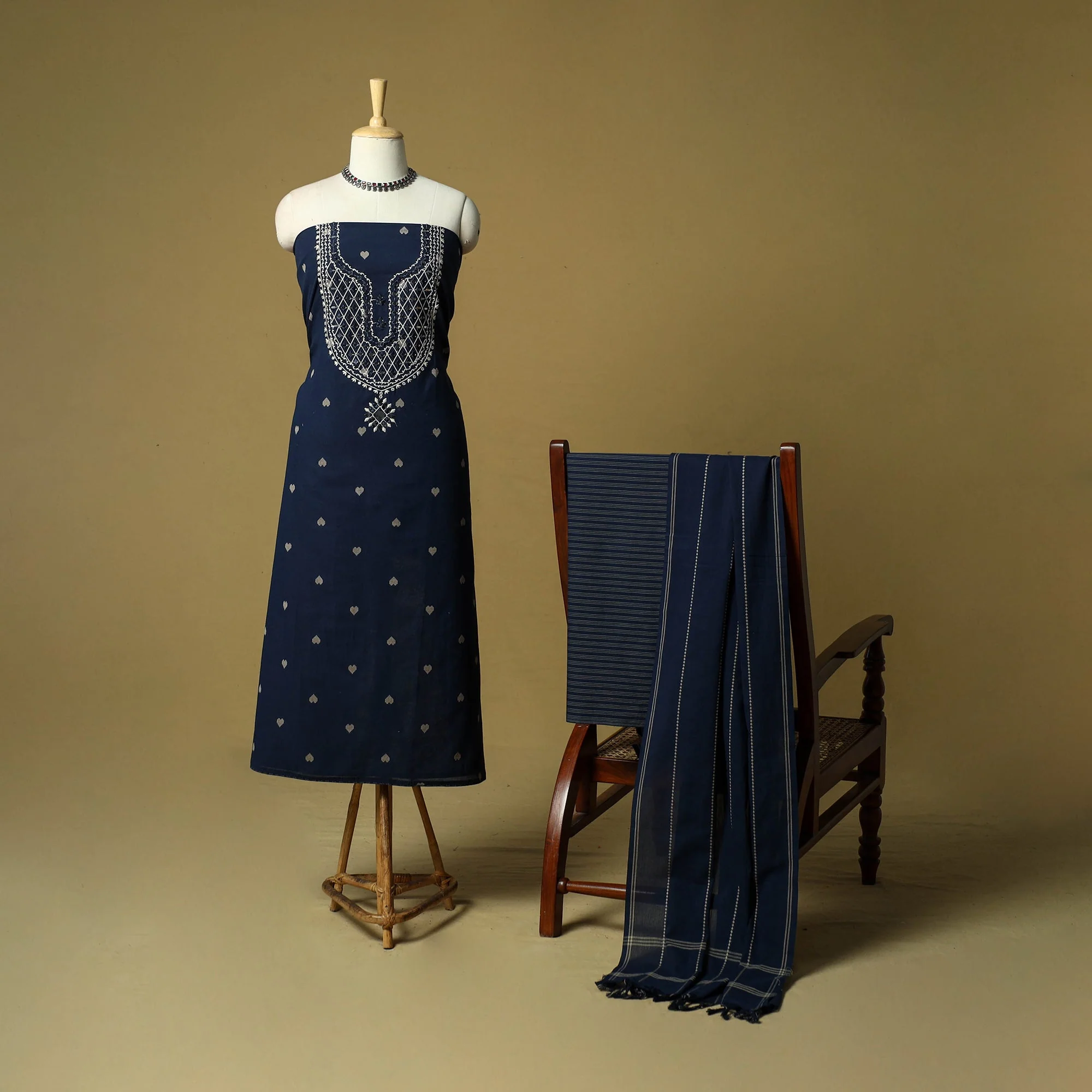 Blue - Jacquard Mirror Work Embroidered Cotton 3pc Unstitched Dress Material 85