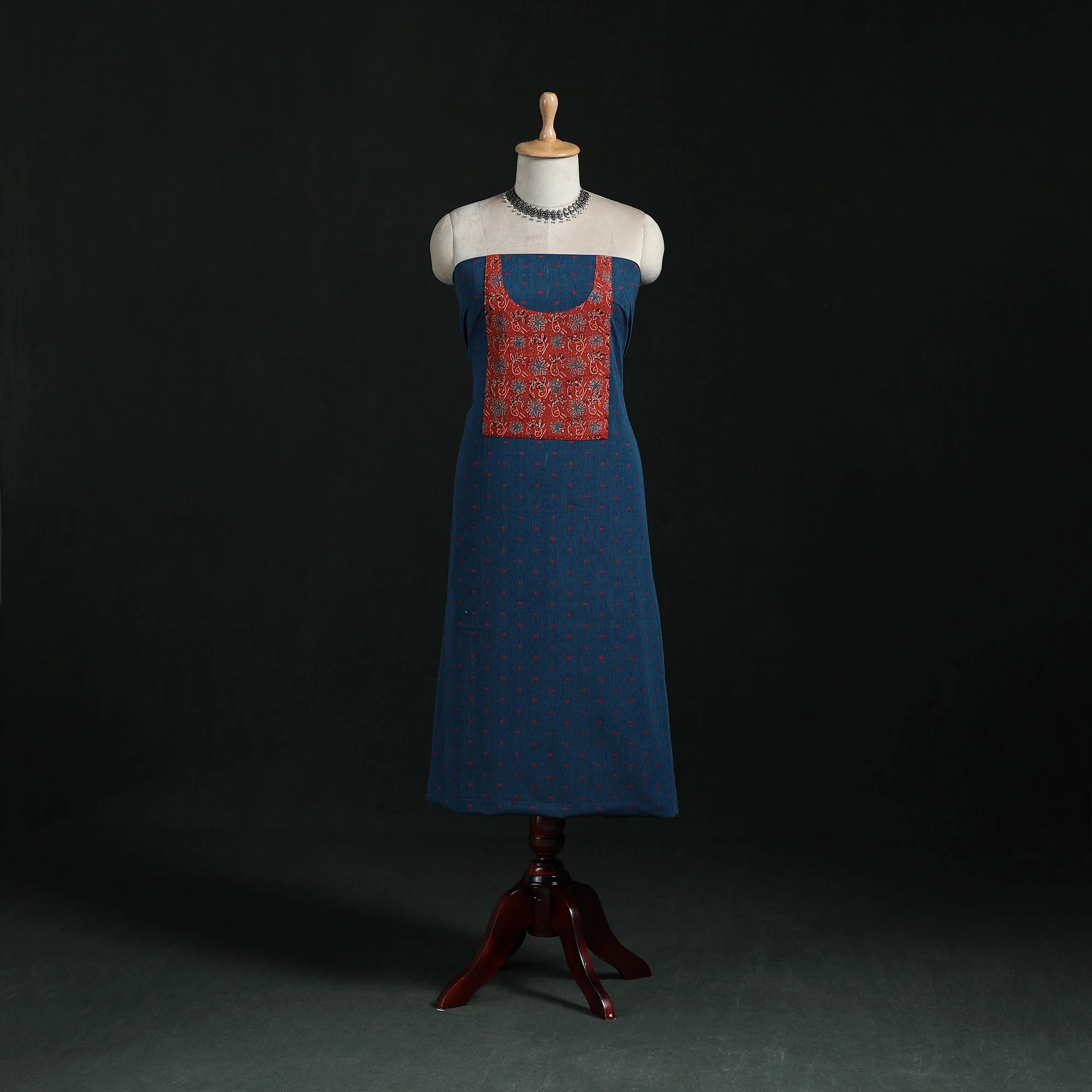 Blue - Jacquard Weave Cotton Patchwork Unstitched Kurta Material (2.5M) 05