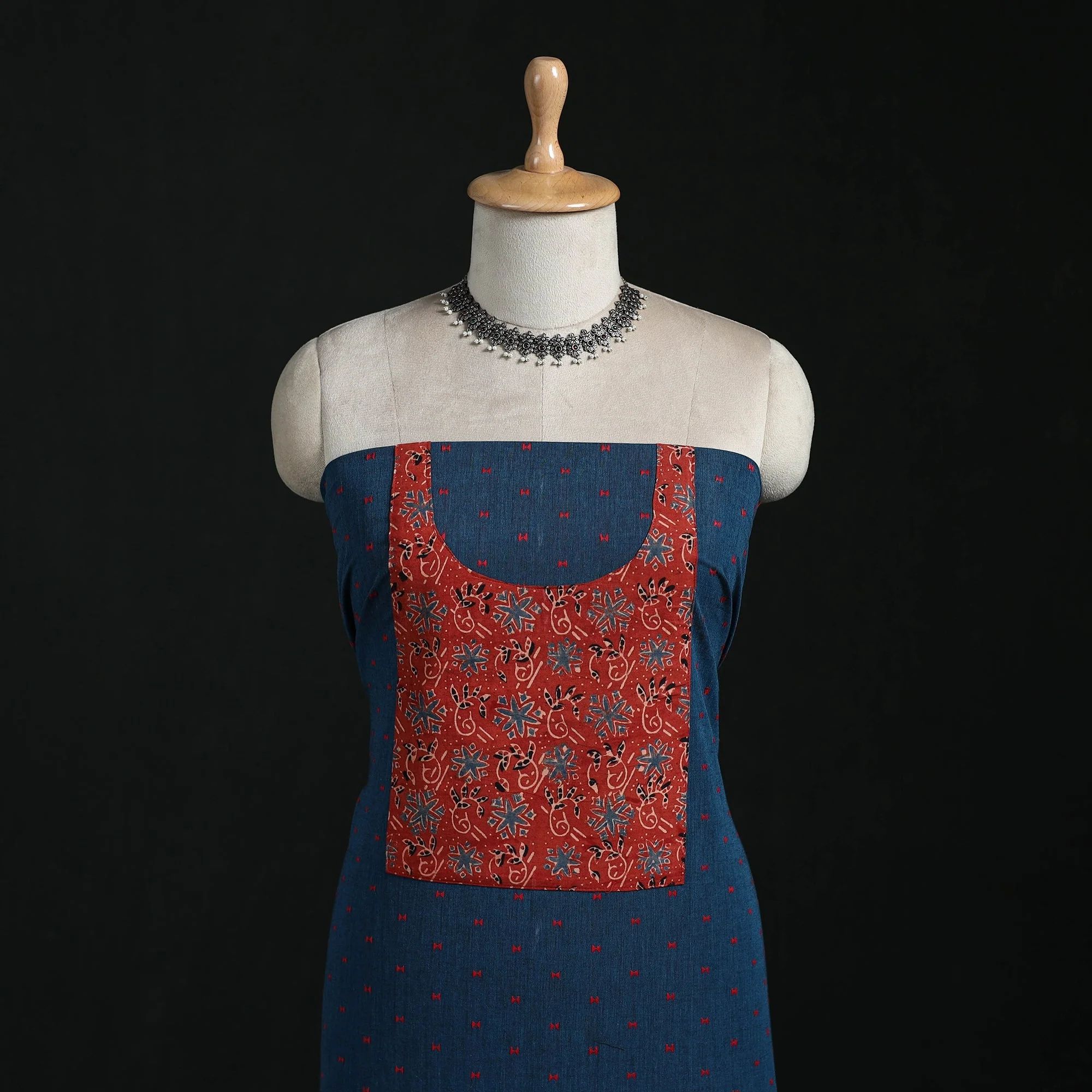 Blue - Jacquard Weave Cotton Patchwork Unstitched Kurta Material (2.5M) 05 - Image 2