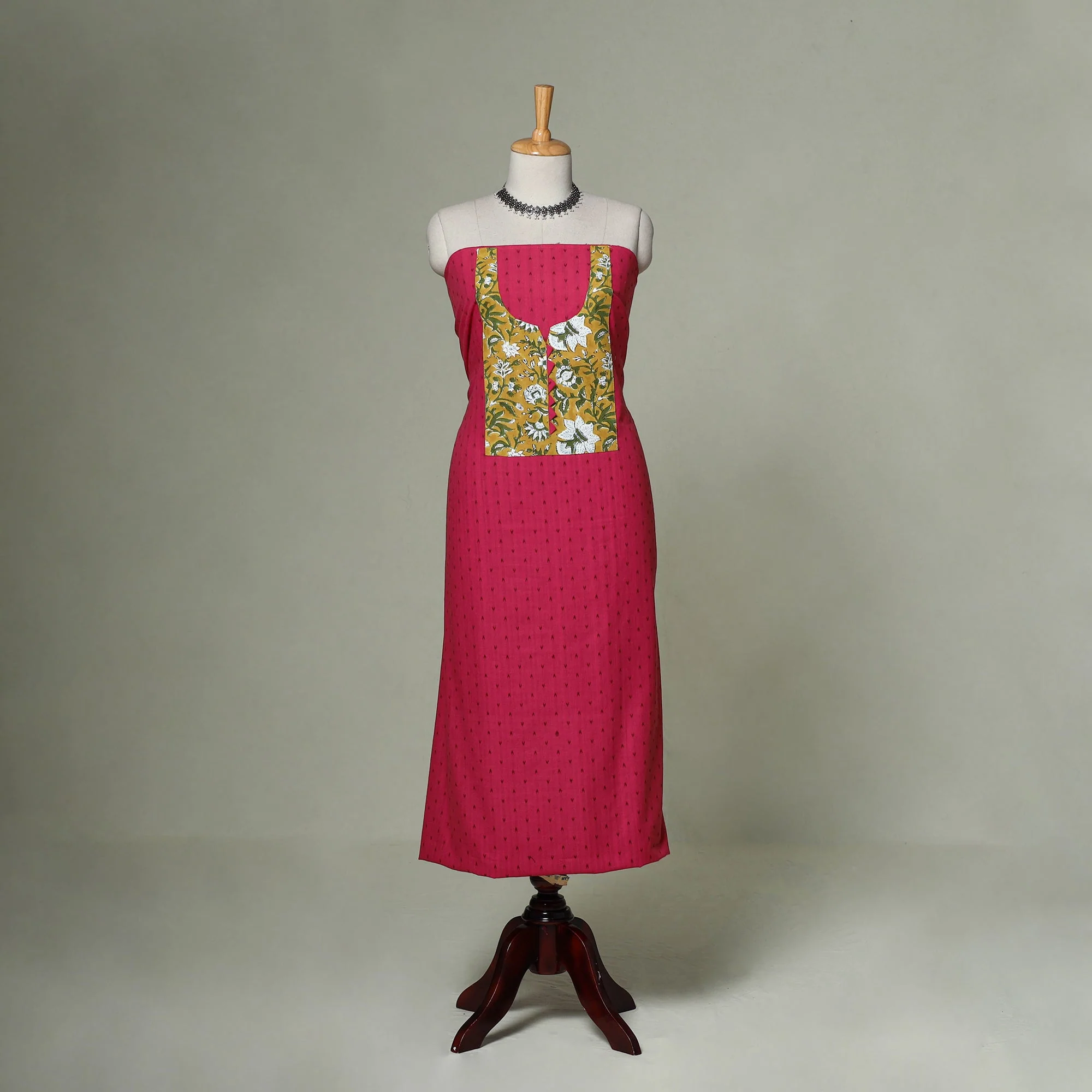 Pink - Jacquard Weave Cotton Patchwork Unstitched Kurta Material (2.5M) 09