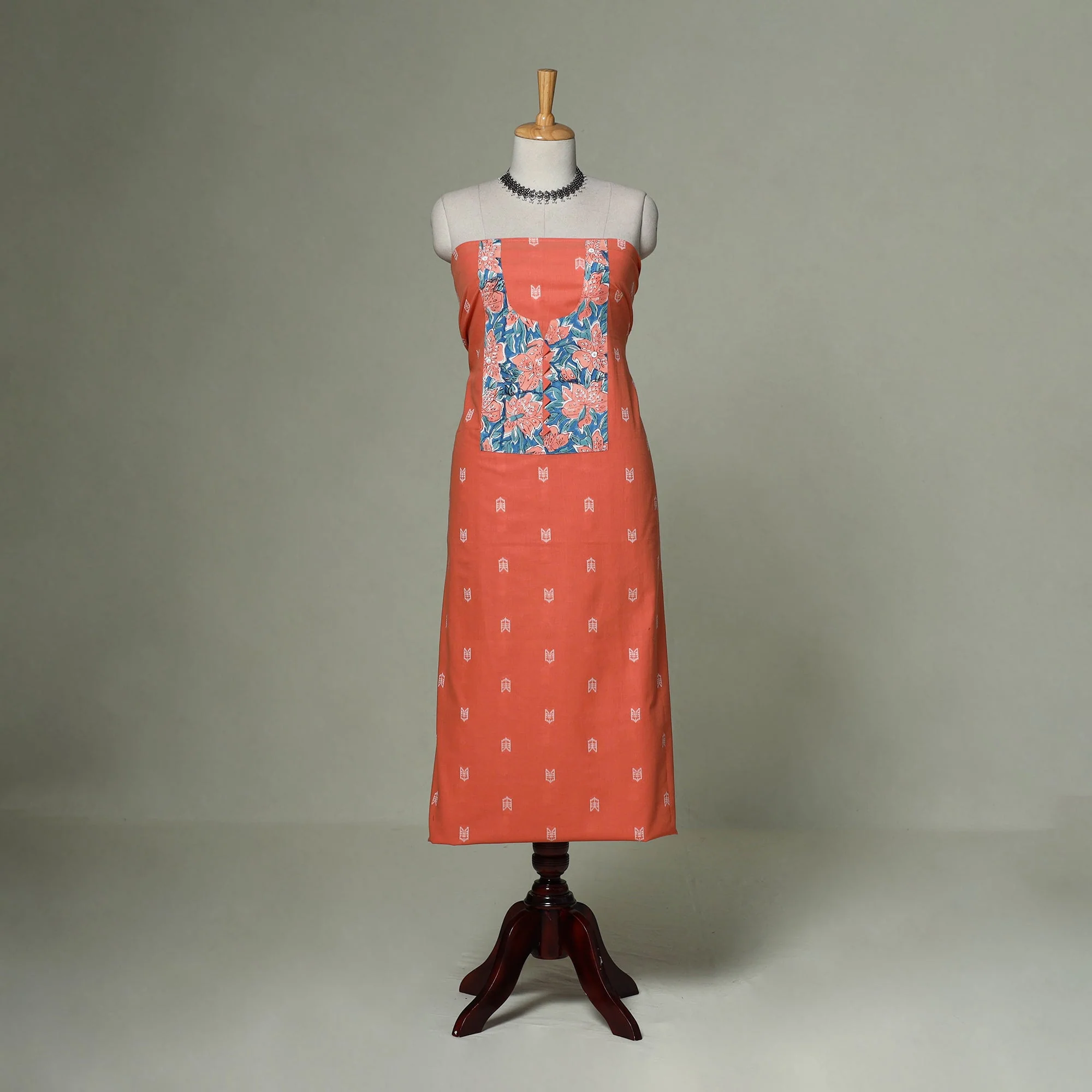 Orange - Jacquard Weave Cotton Patchwork Unstitched Kurta Material (2.5M) 23