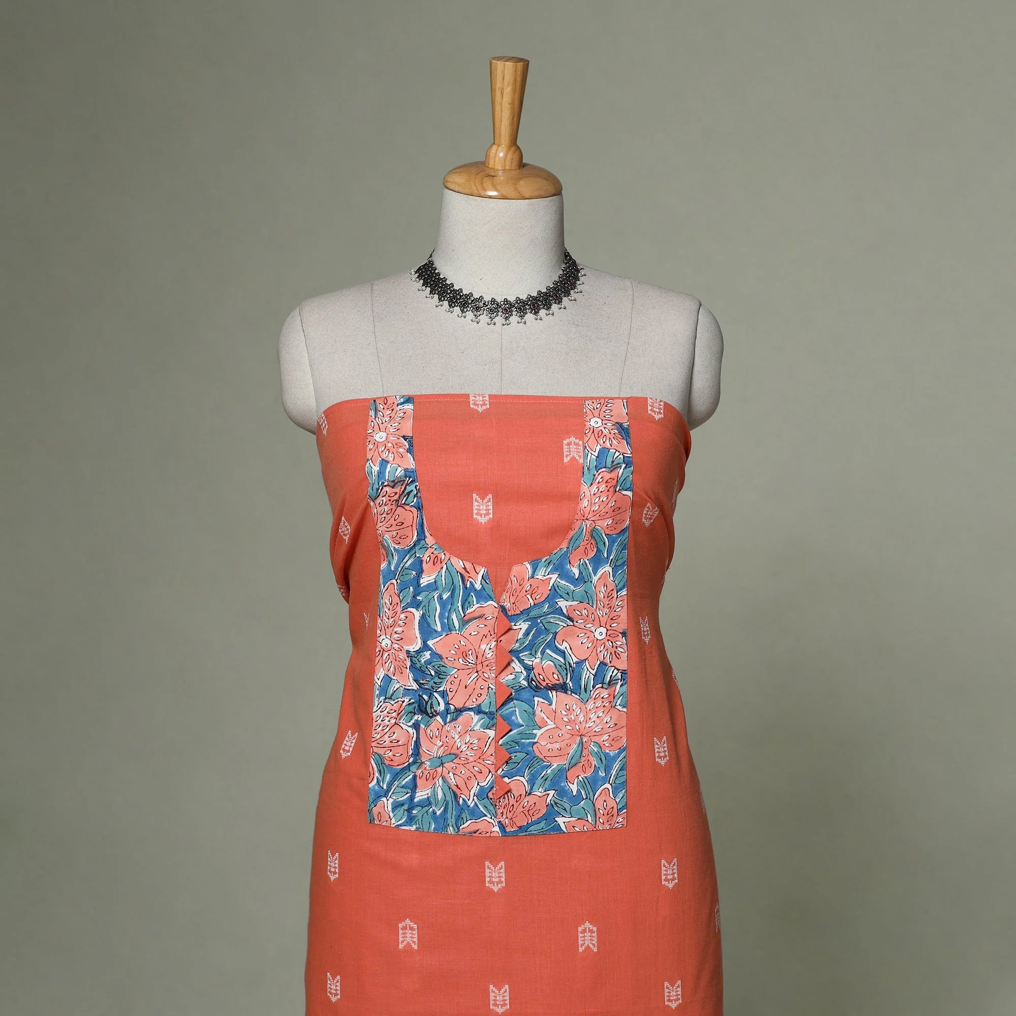Orange - Jacquard Weave Cotton Patchwork Unstitched Kurta Material (2.5M) 23 - Image 2