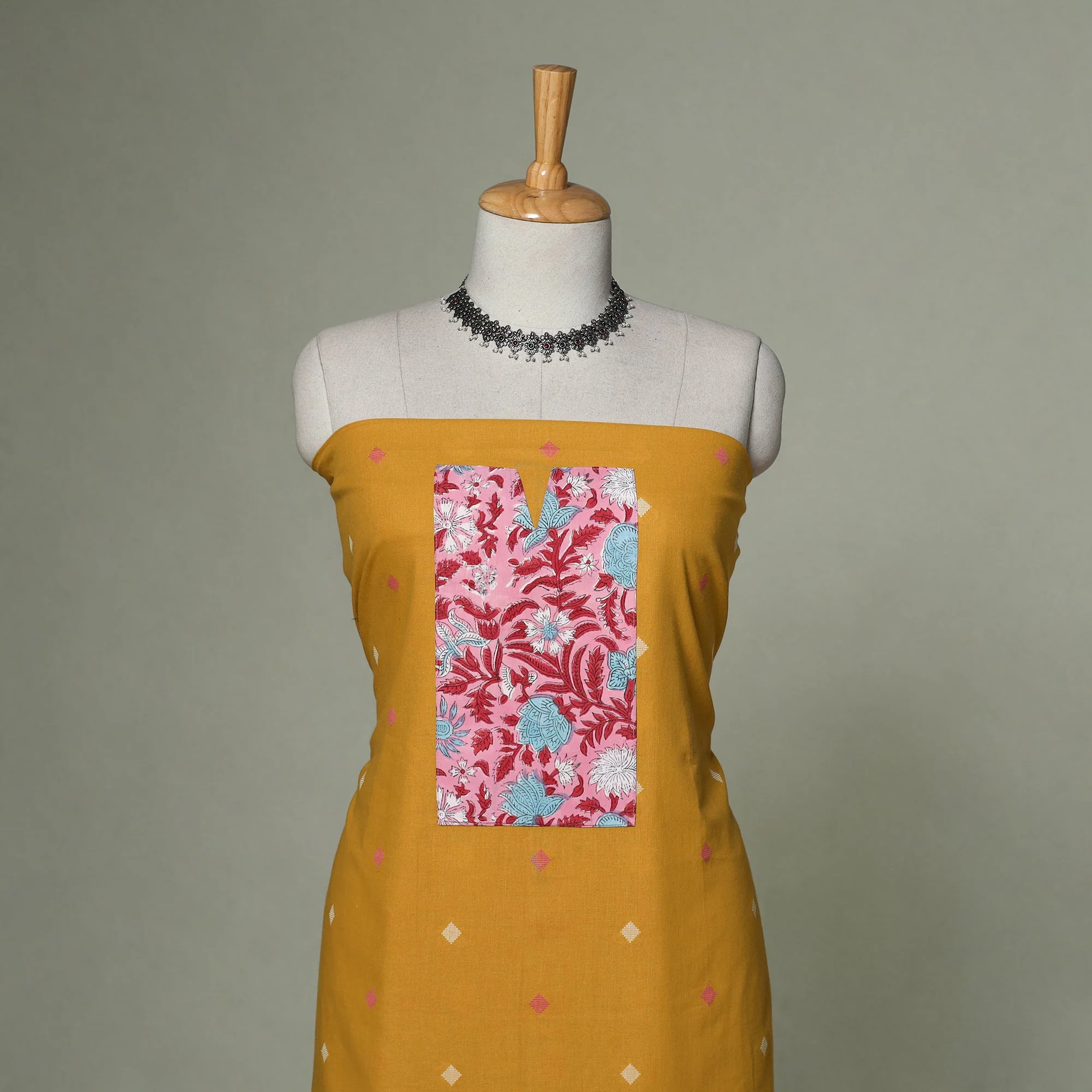 Yellow - Jacquard Weave Cotton Patchwork Unstitched Kurta Material (2.5M) 28 - Image 2
