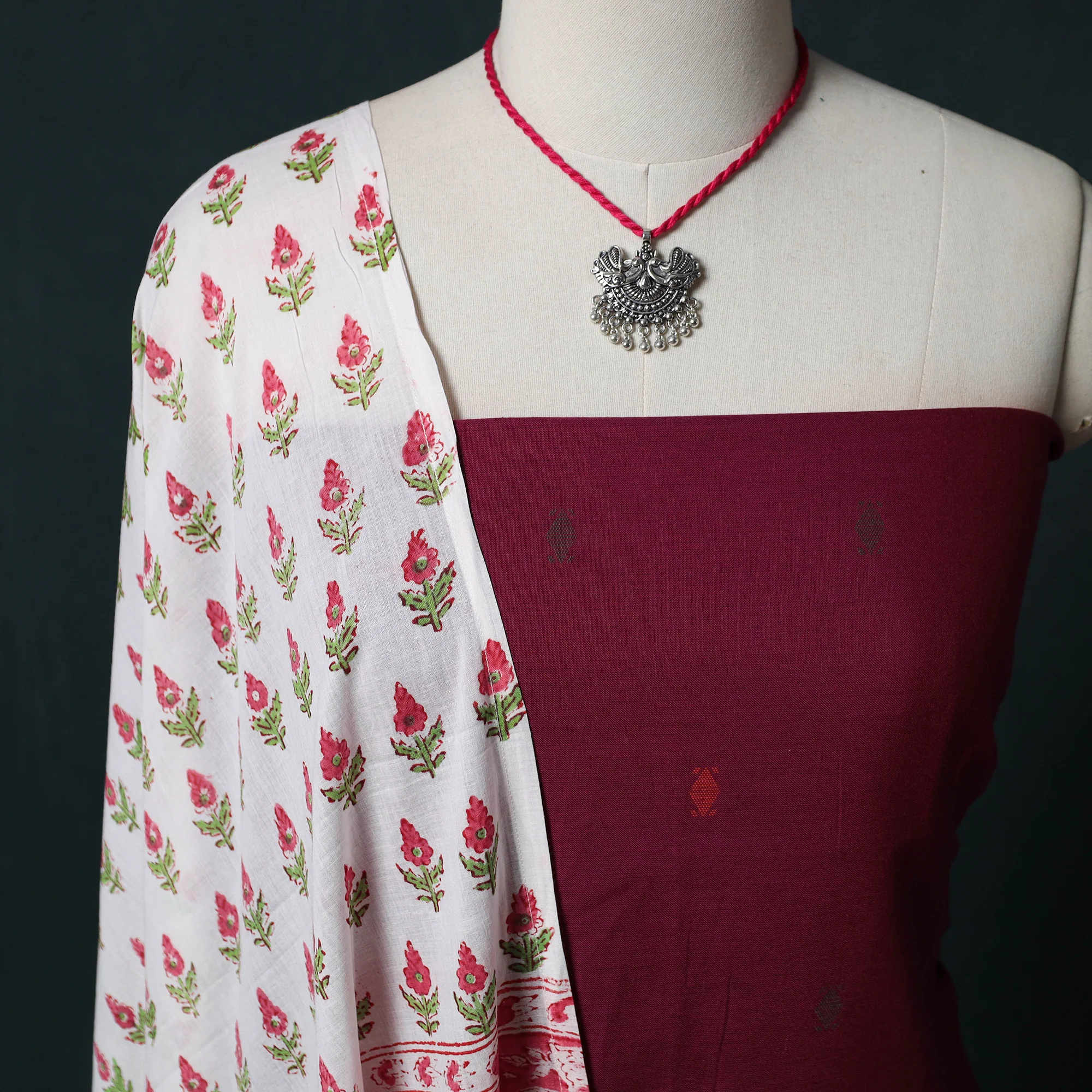 Maroon - Jacquard Woven 2pc Cotton Unstitched Dress Material Kurta Set with Jewellery 01 - Image 3