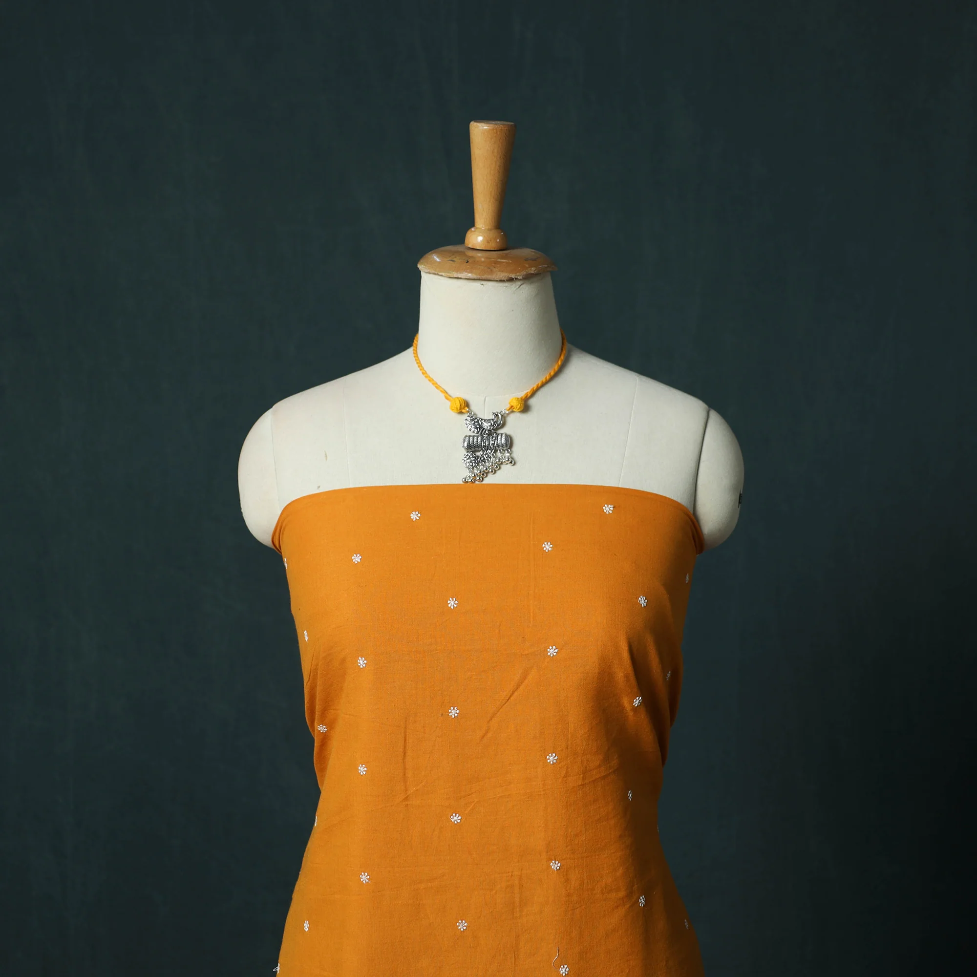 Orange - Jacquard Woven 2pc Cotton Unstitched Dress Material Kurta Set with Jewellery 03 - Image 2