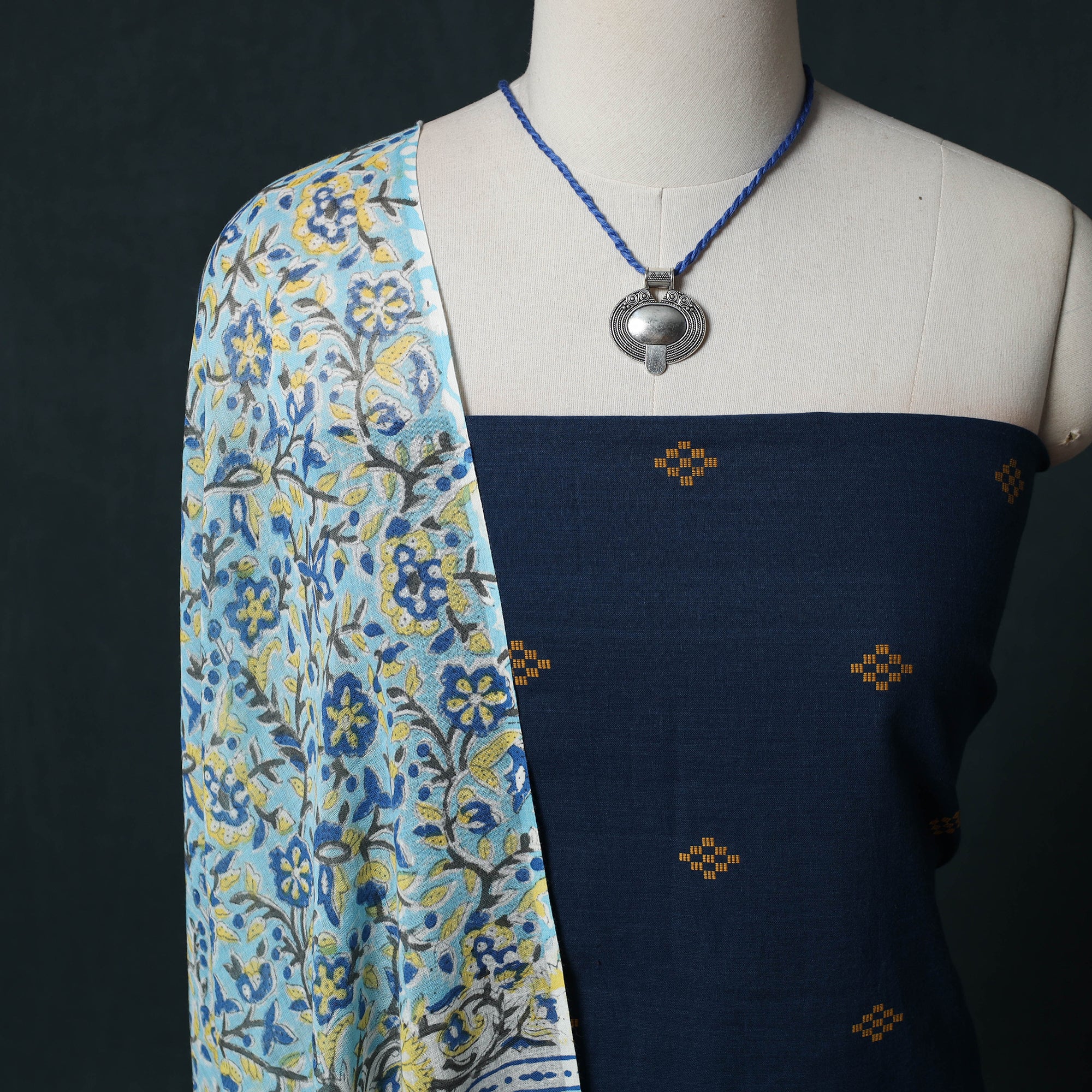Blue - Jacquard Woven 2pc Cotton Unstitched Dress Material Kurta Set with Jewellery 05 - Image 3