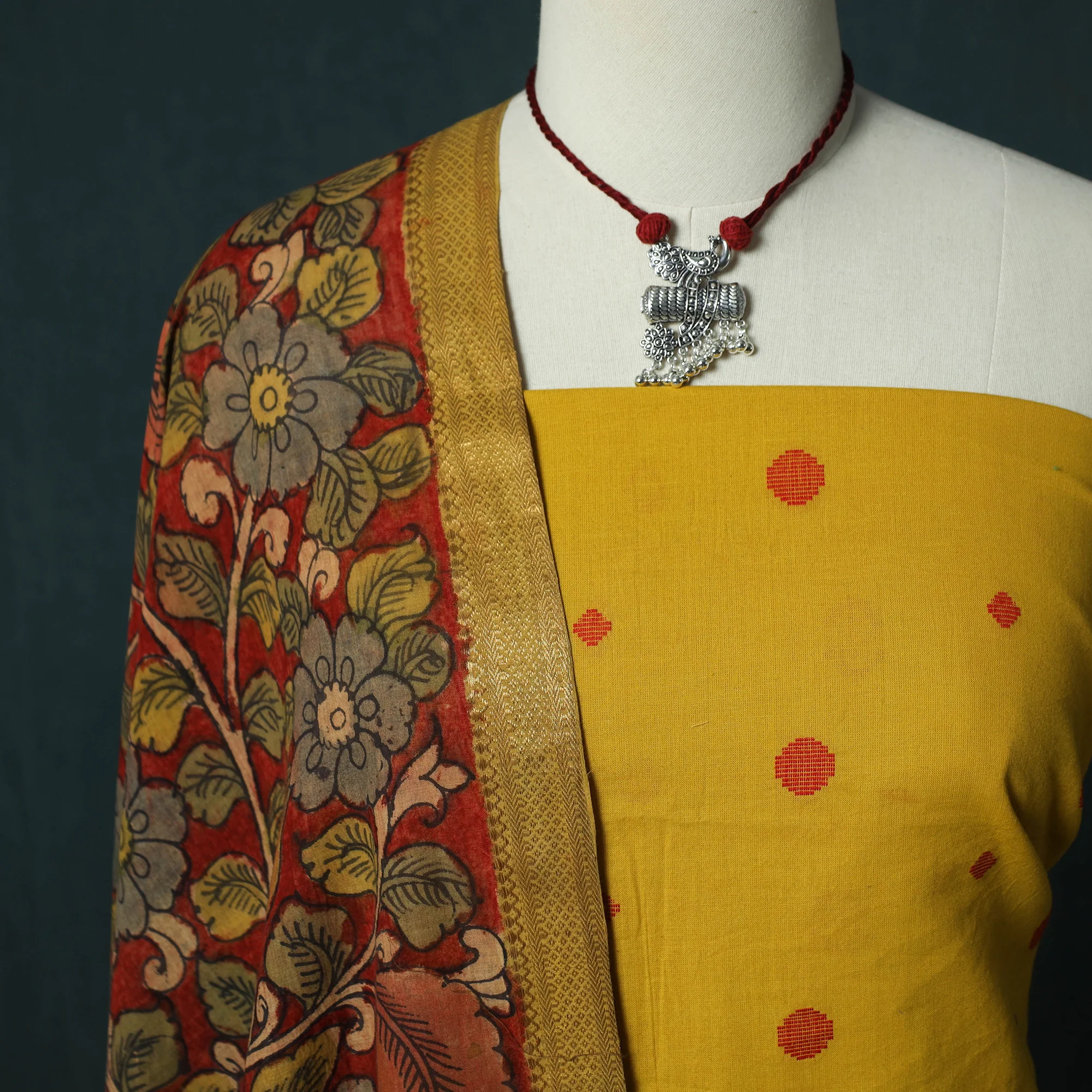 Yellow - Jacquard Woven 2pc Cotton Unstitched Dress Material Kurta Set with Jewellery 06 - Image 3