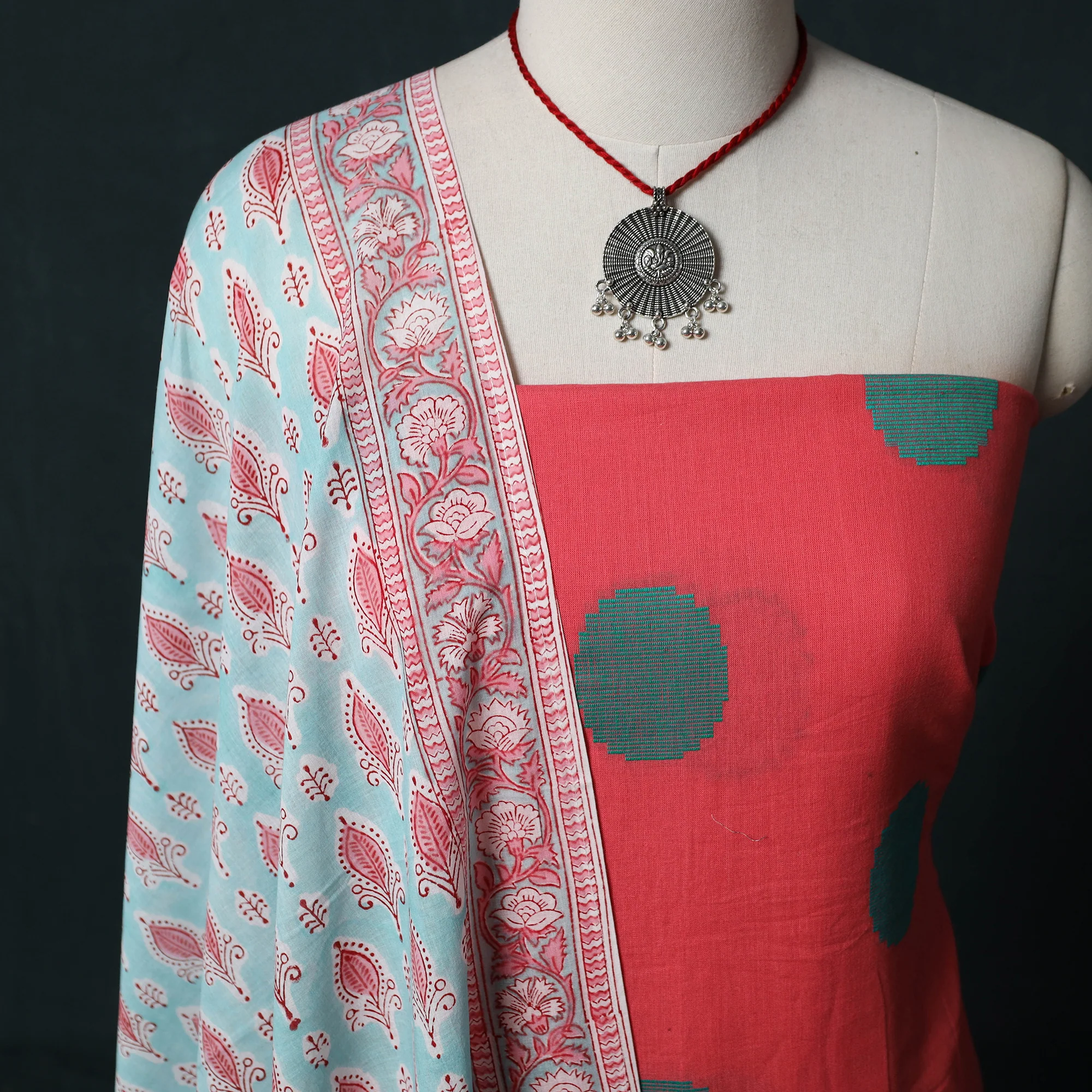 Pink - Jacquard Woven 2pc Cotton Unstitched Dress Material Kurta Set with Jewellery 06 - Image 3