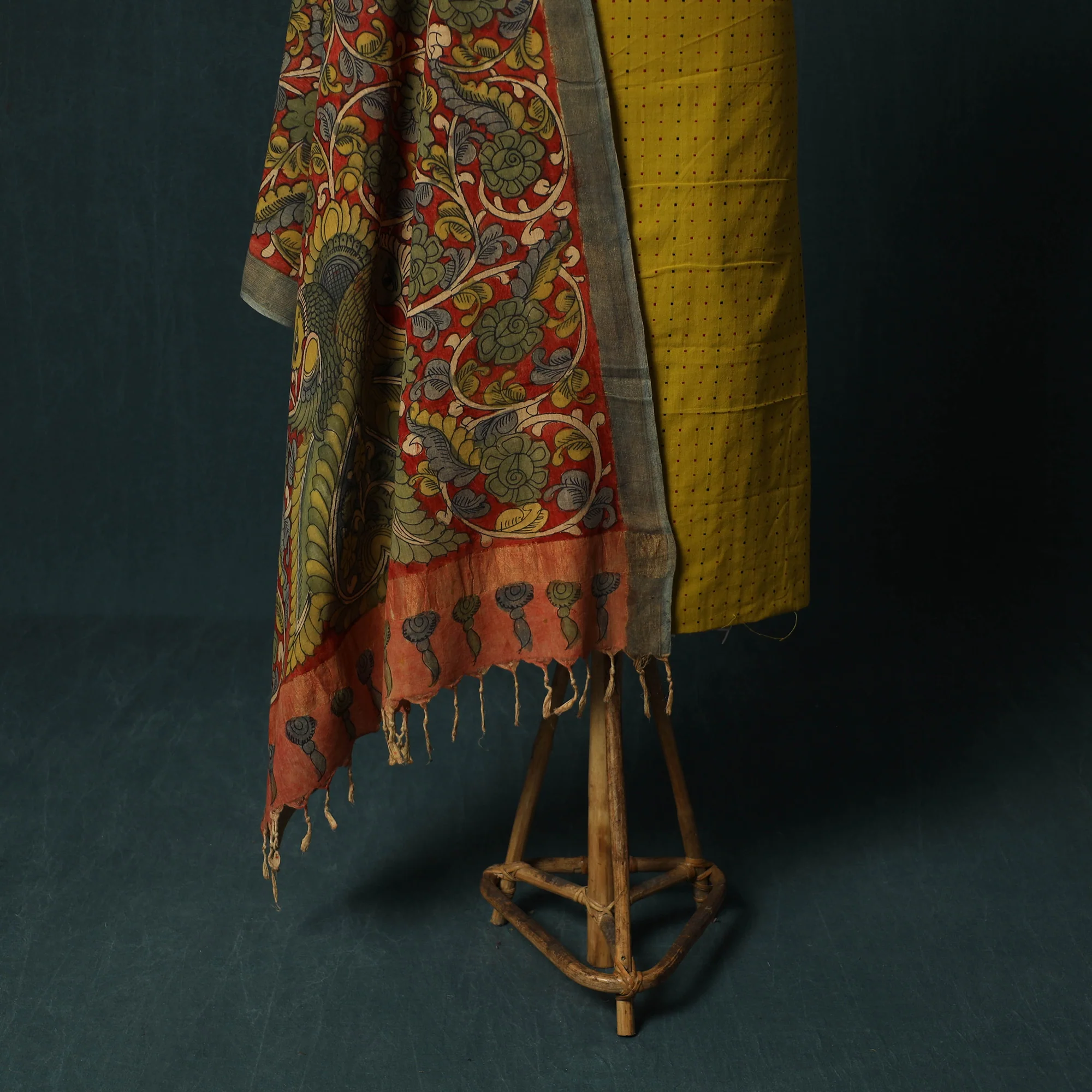 Yellow - Jacquard Woven 2pc Cotton Unstitched Dress Material Kurta Set with Jewellery 07 - Image 4