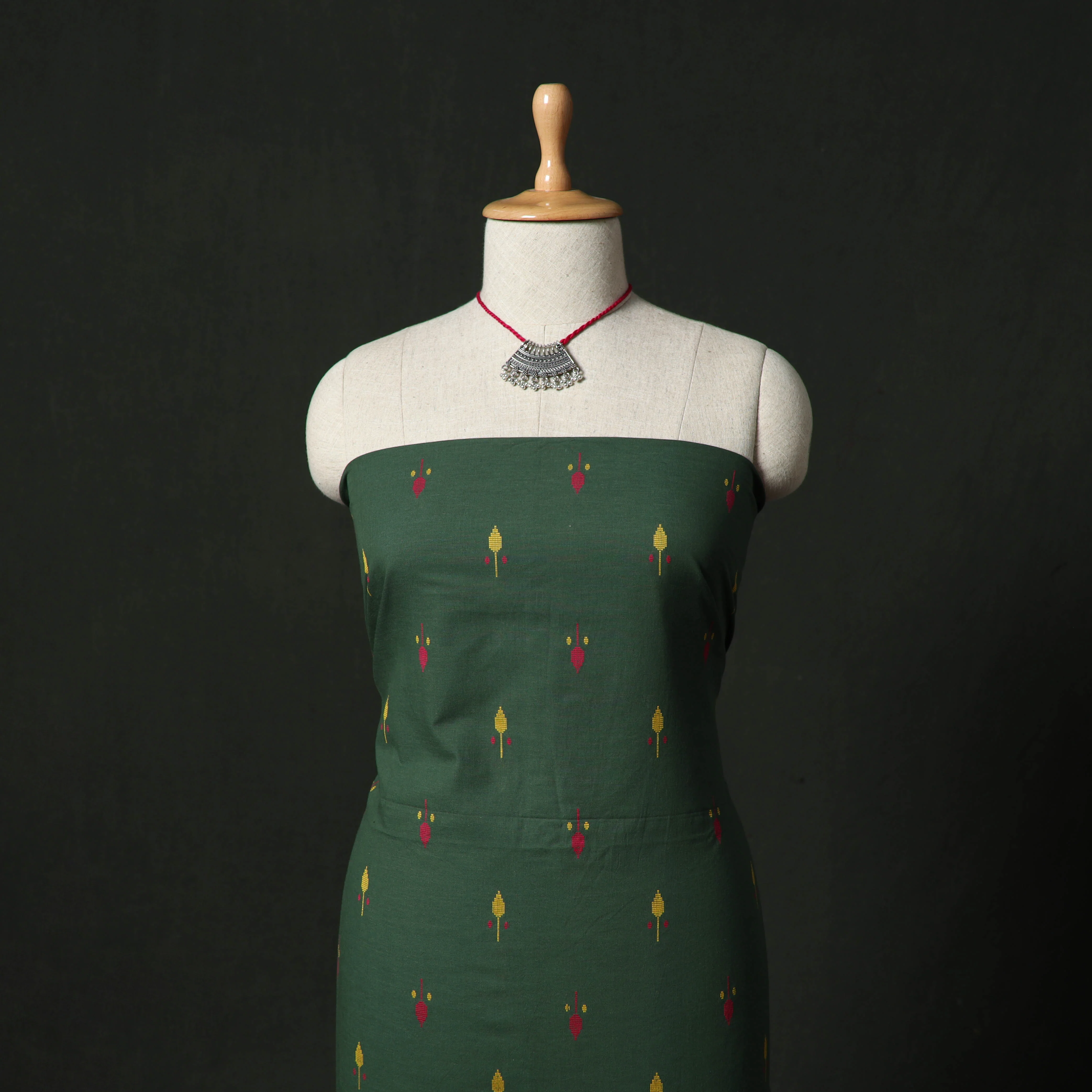 Green - Jacquard Woven 2pc Cotton Unstitched Dress Material Kurta Set with Jewellery 13 - Image 2