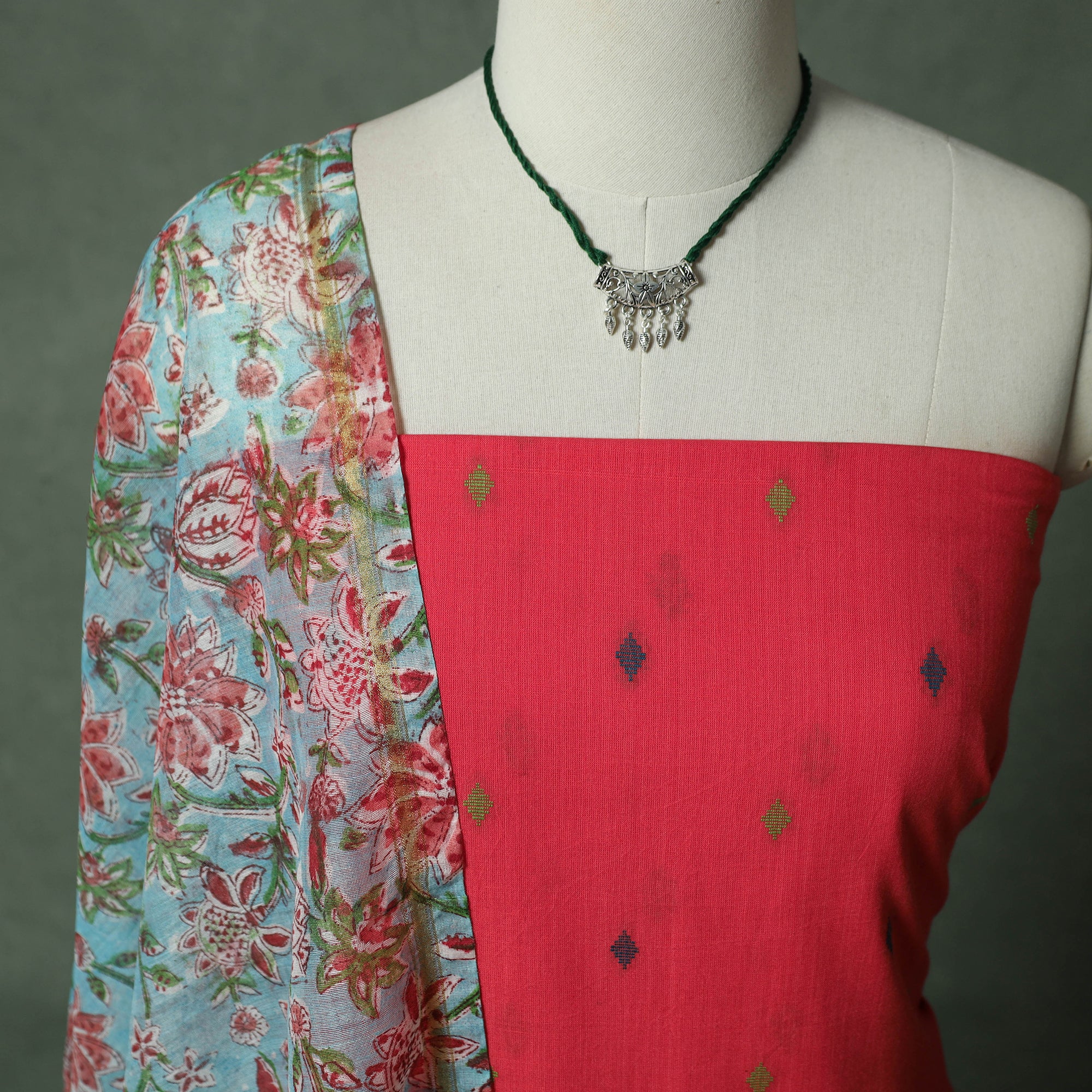 Red - Jacquard Woven Cotton 2pc Unstitched Dress Material Kurta Set with Jewellery 02 - Image 3