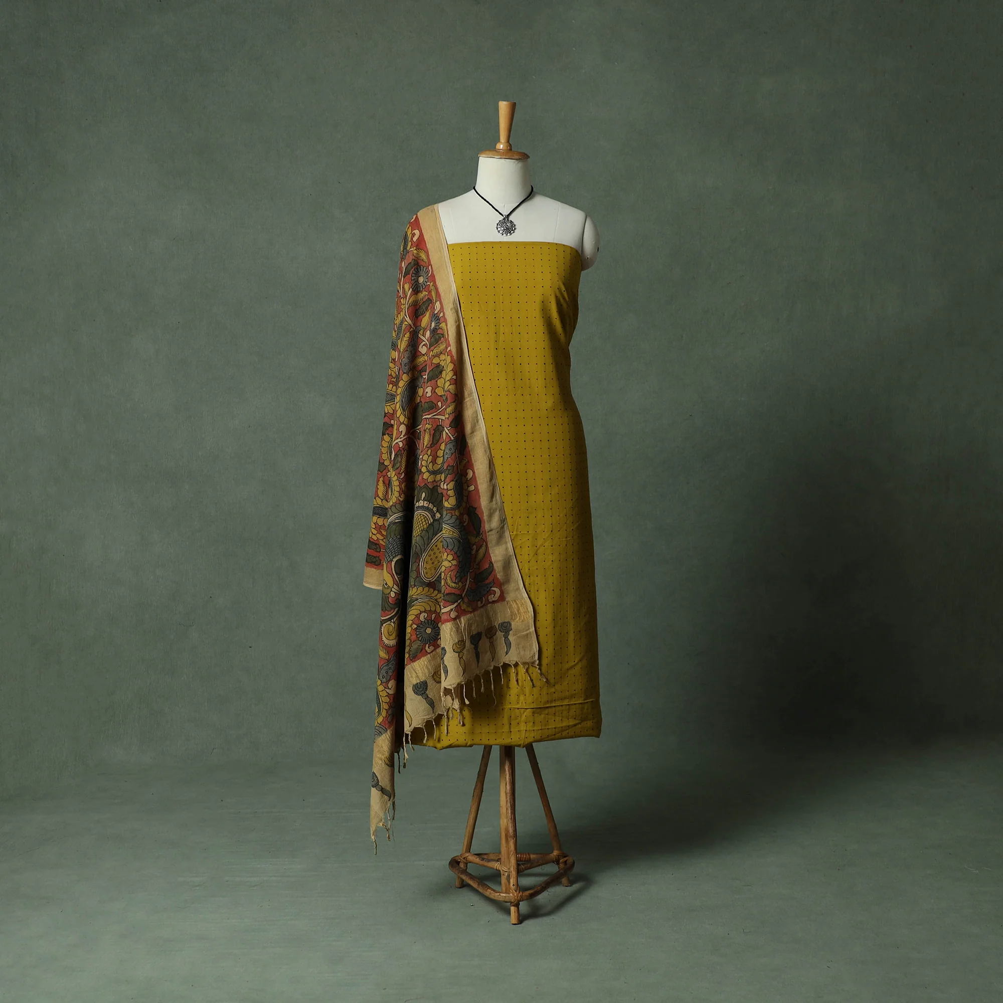 Yellow - Jacquard Woven Cotton 2pc Unstitched Dress Material Kurta Set with Jewellery 22