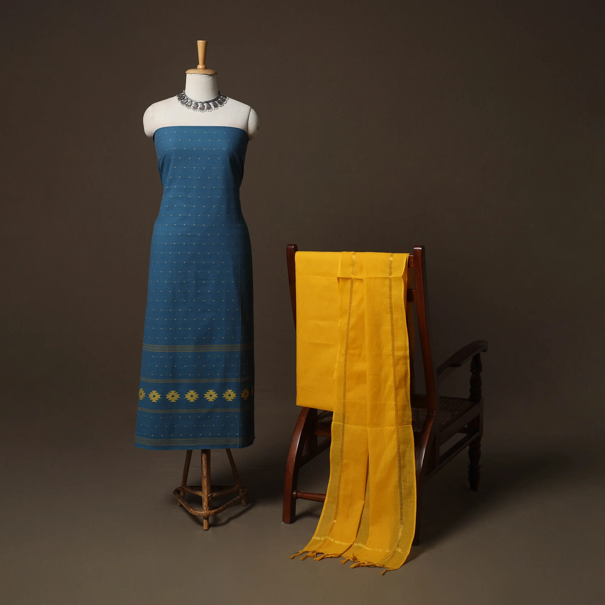 Blue - Jacquard Woven Pure Cotton 3pc Unstitched Dress Material Suit Set 04 - Image 2