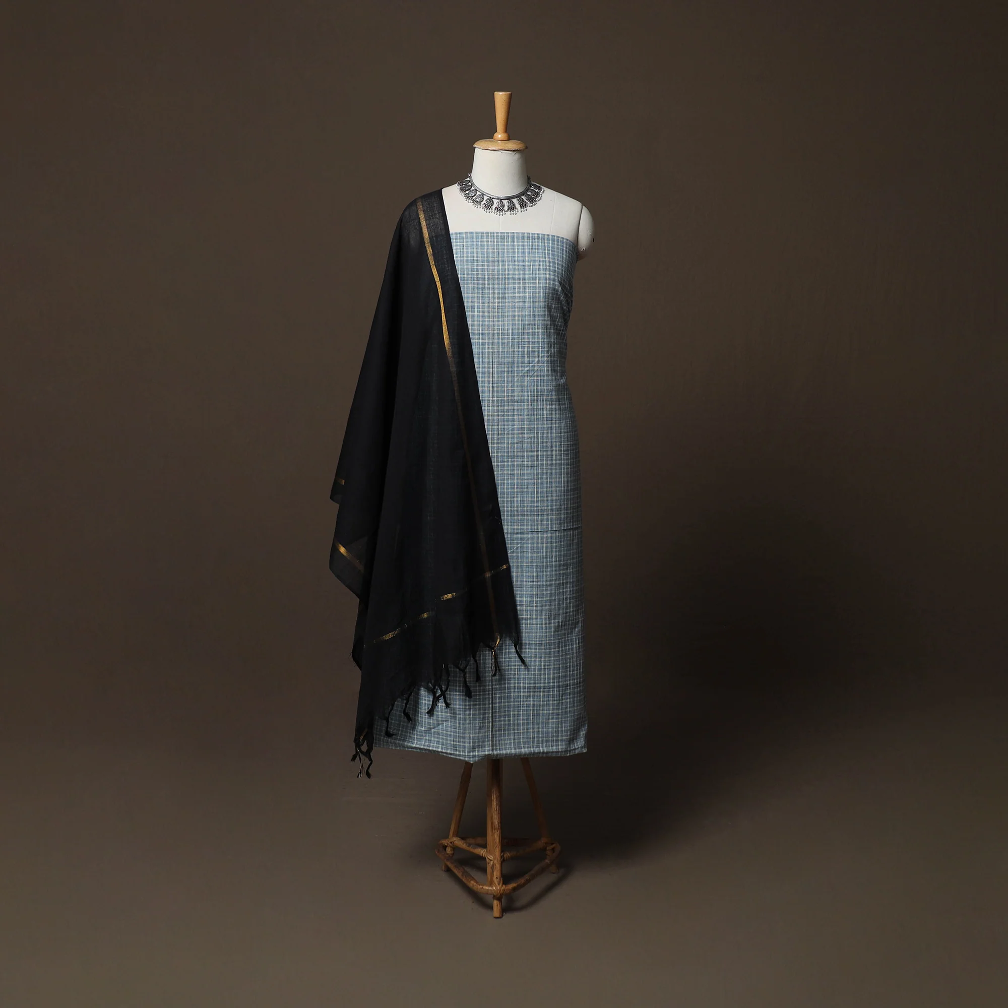 Blue - Jacquard Woven Pure Cotton 3pc Unstitched Dress Material Suit Set 110