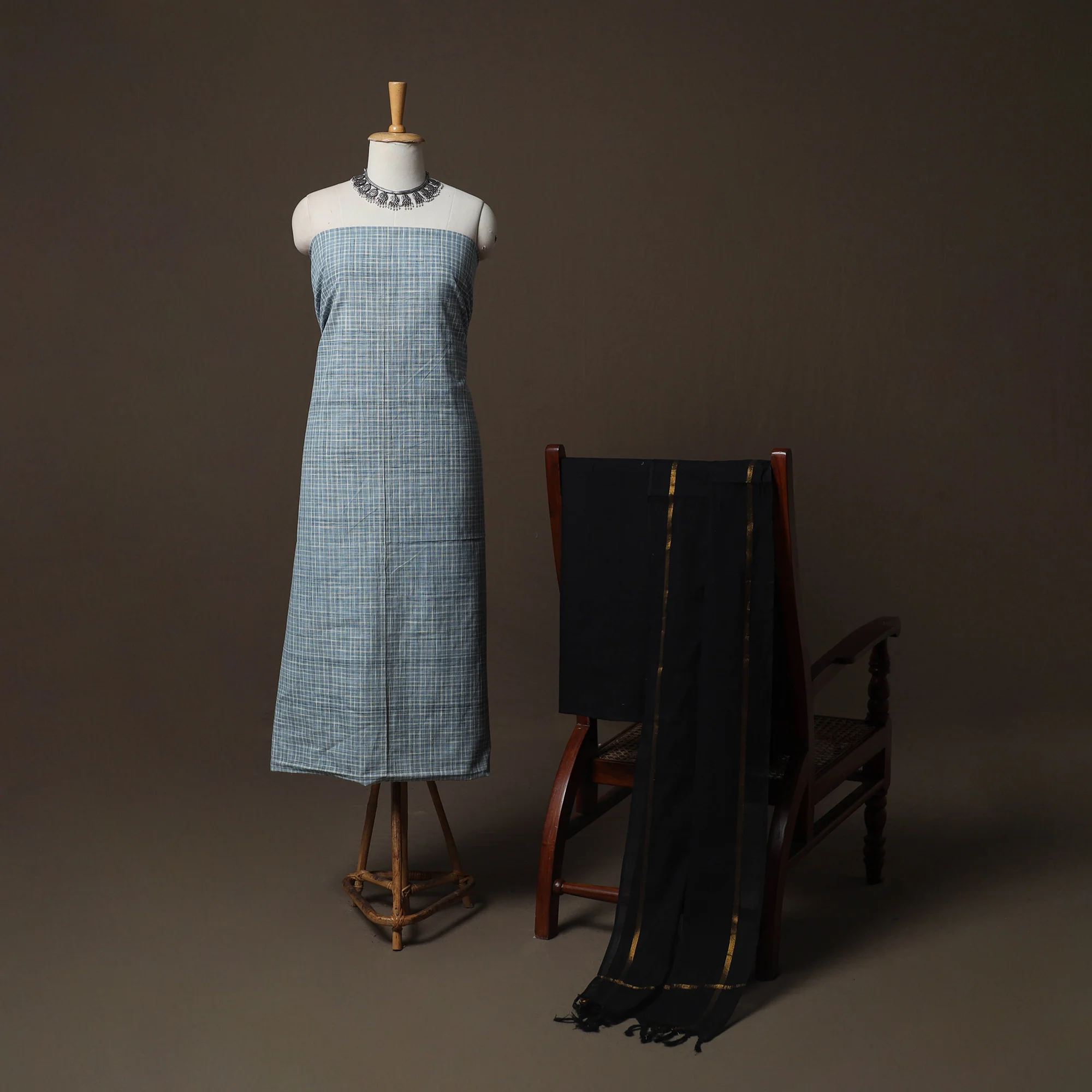 Blue - Jacquard Woven Pure Cotton 3pc Unstitched Dress Material Suit Set 110 - Image 2