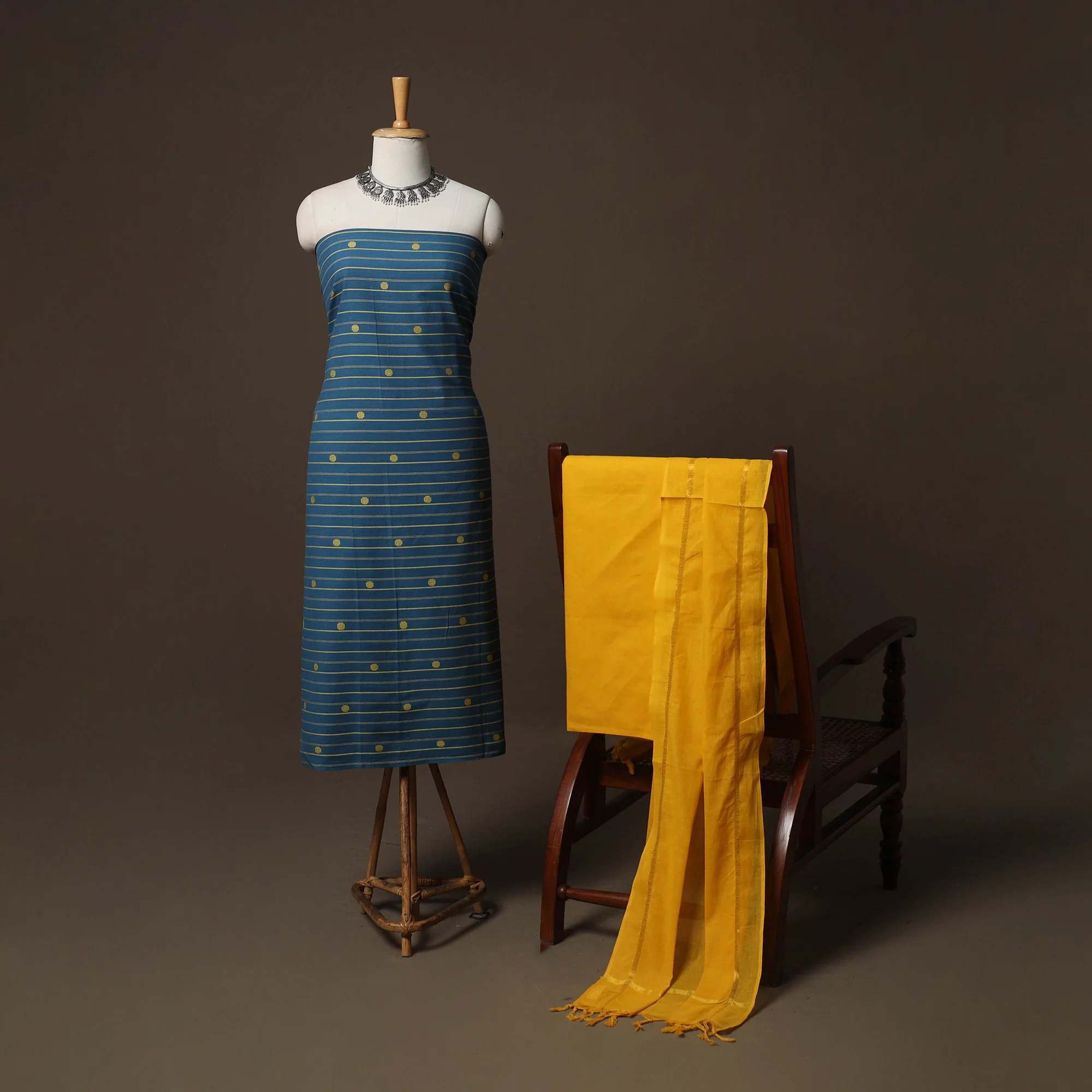 Blue - Jacquard Woven Pure Cotton 3pc Unstitched Dress Material Suit Set 20 - Image 2