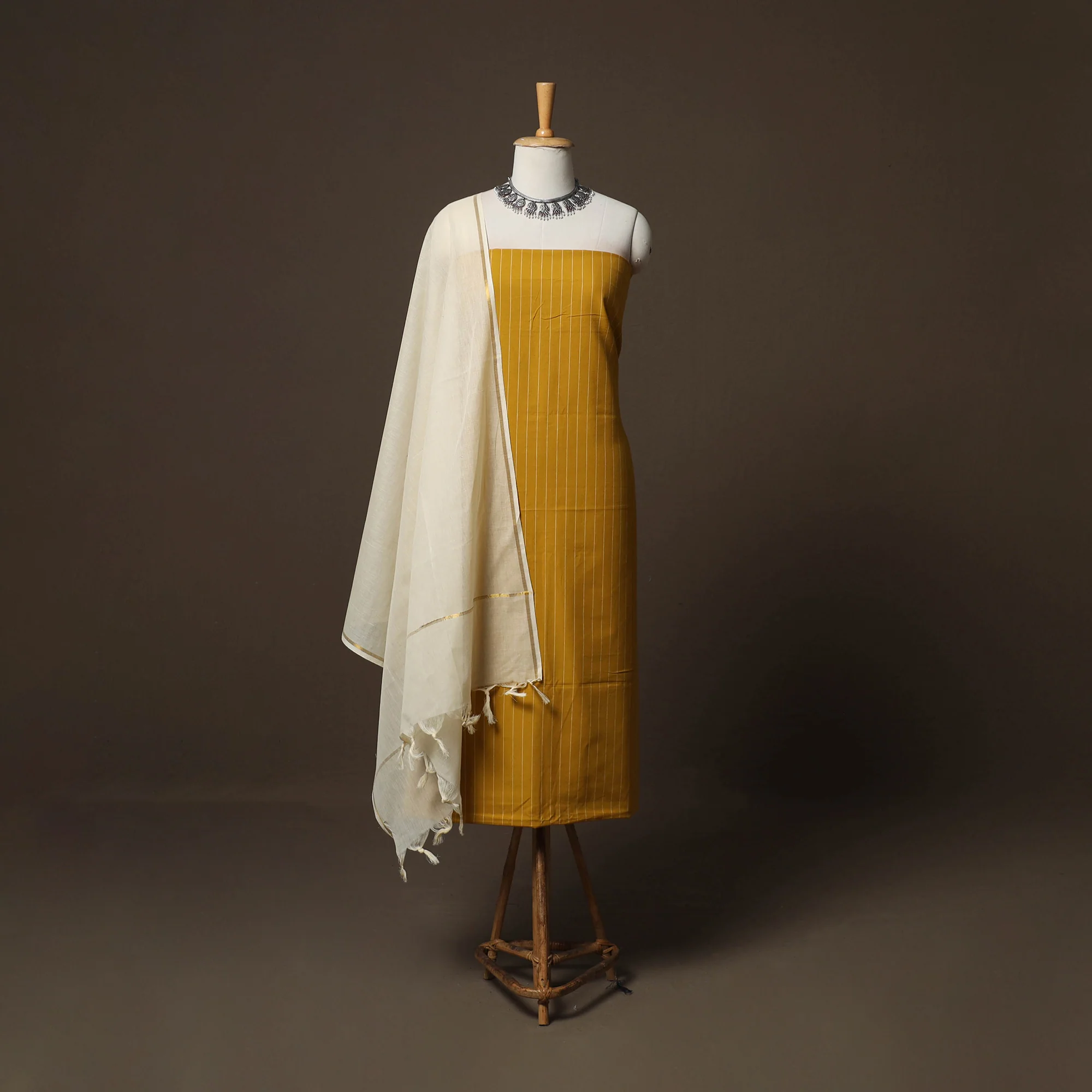 Yellow - Jacquard Woven Pure Cotton 3pc Unstitched Dress Material Suit Set 26