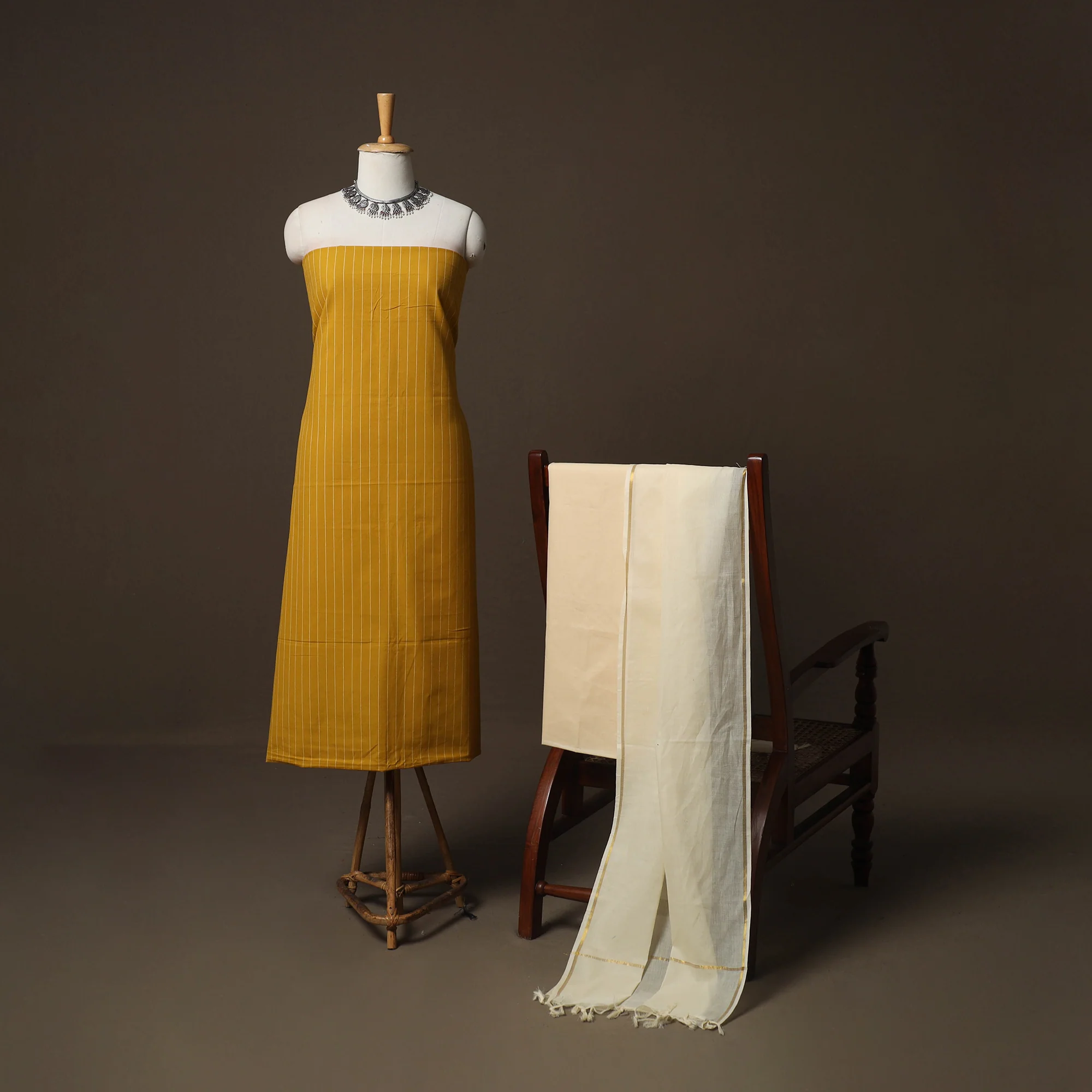 Yellow - Jacquard Woven Pure Cotton 3pc Unstitched Dress Material Suit Set 26 - Image 2