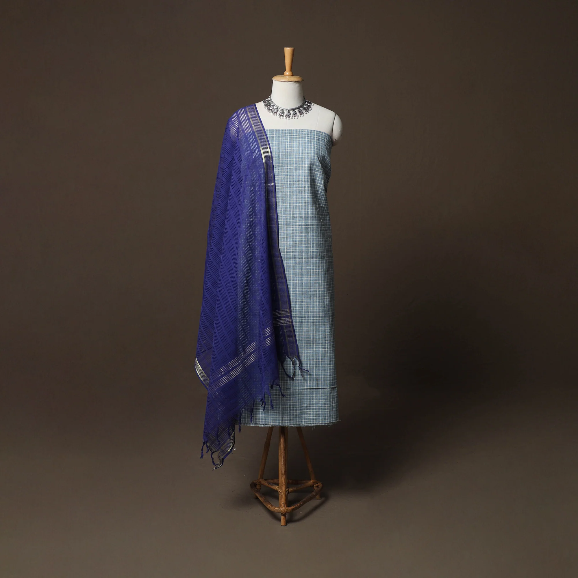Blue - Jacquard Woven Pure Cotton 3pc Unstitched Dress Material Suit Set 82