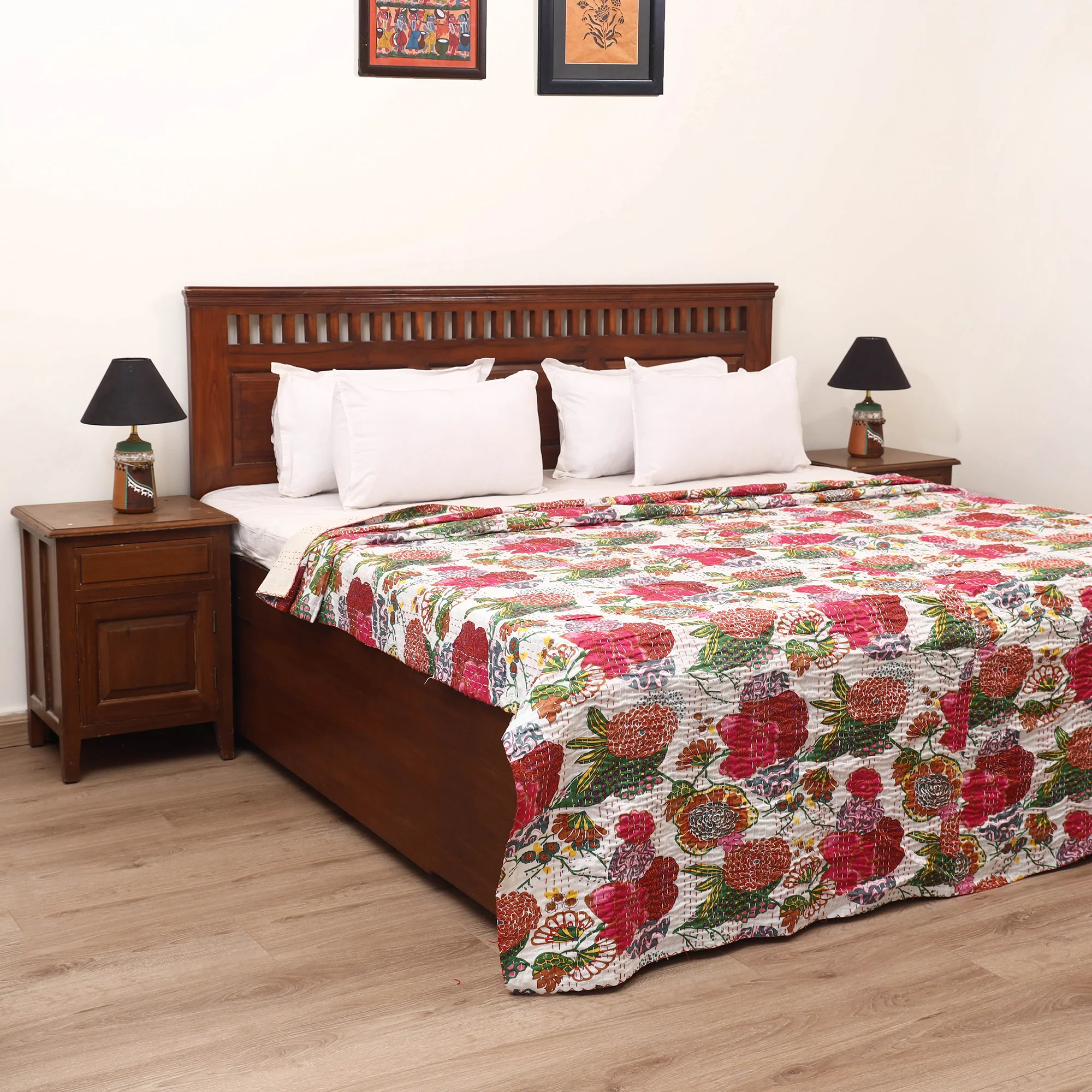 White - Jaipur Print Tagai Work Double Bedsheet (108 x 90 in) 07
