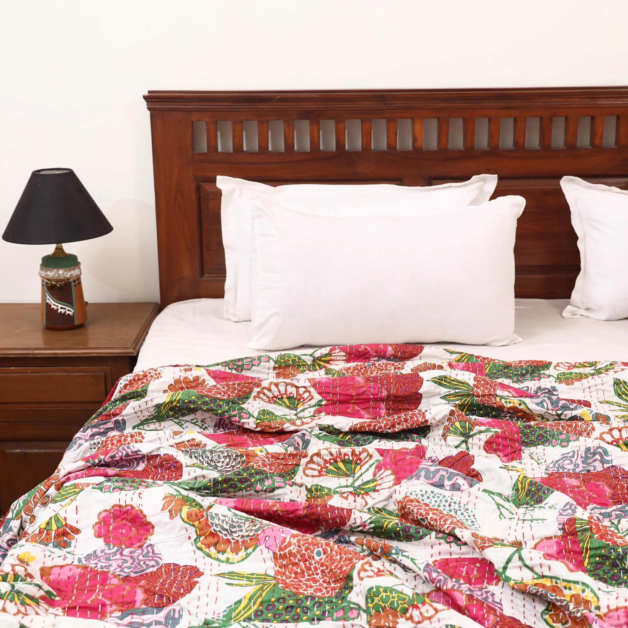 White - Jaipur Print Tagai Work Double Bedsheet (108 x 90 in) 07 - Image 2