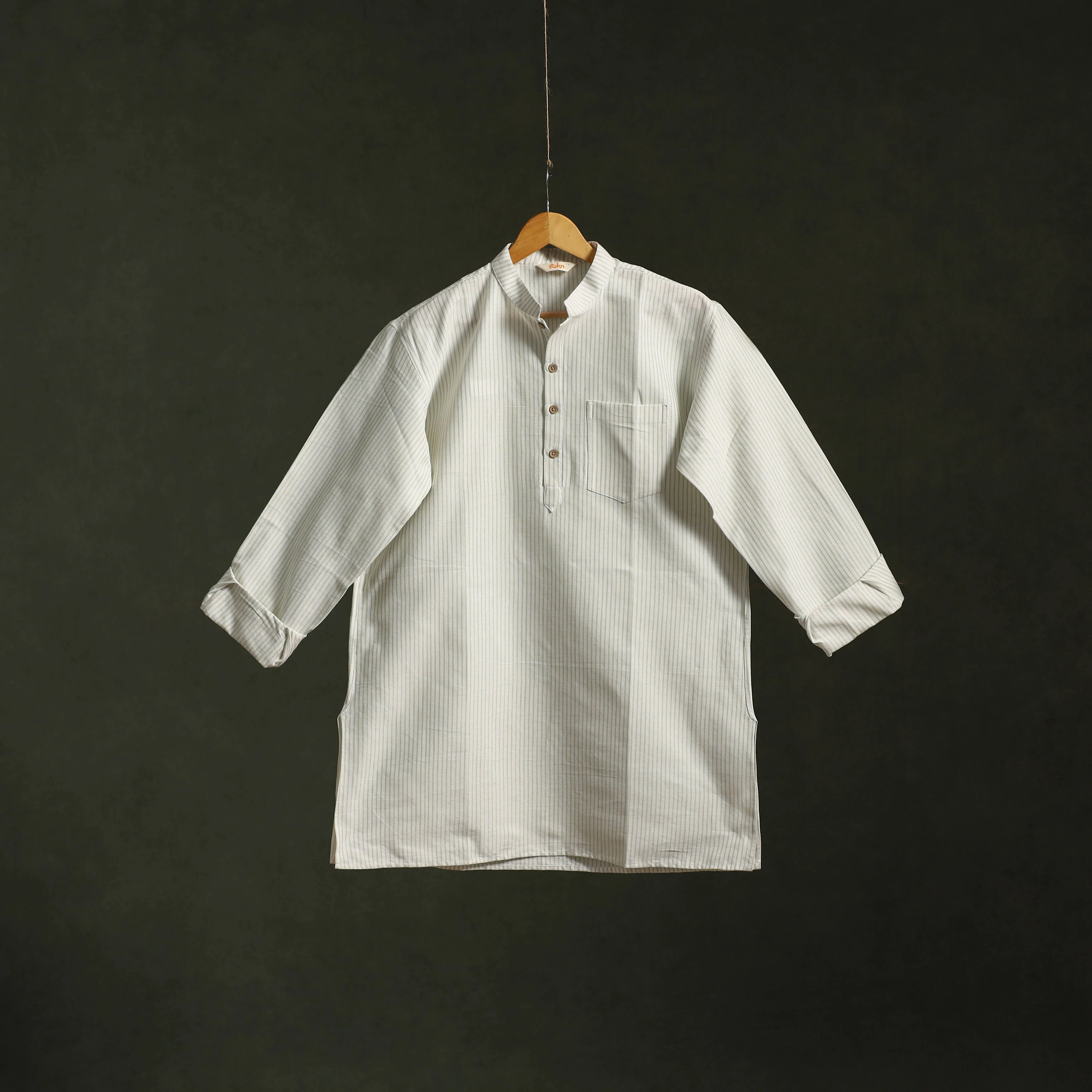 White - Jhiri Handloom Cotton Short Kurta for Men 06 - Image 2