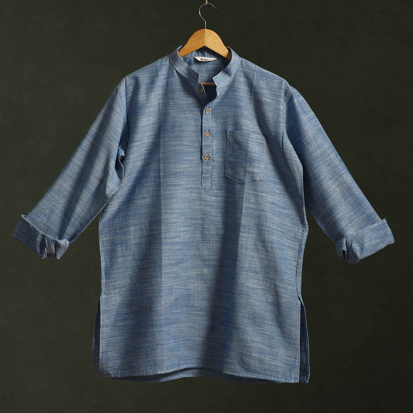 Blue - Jhiri Handloom Cotton Short Kurta for Men 12 - Image 3
