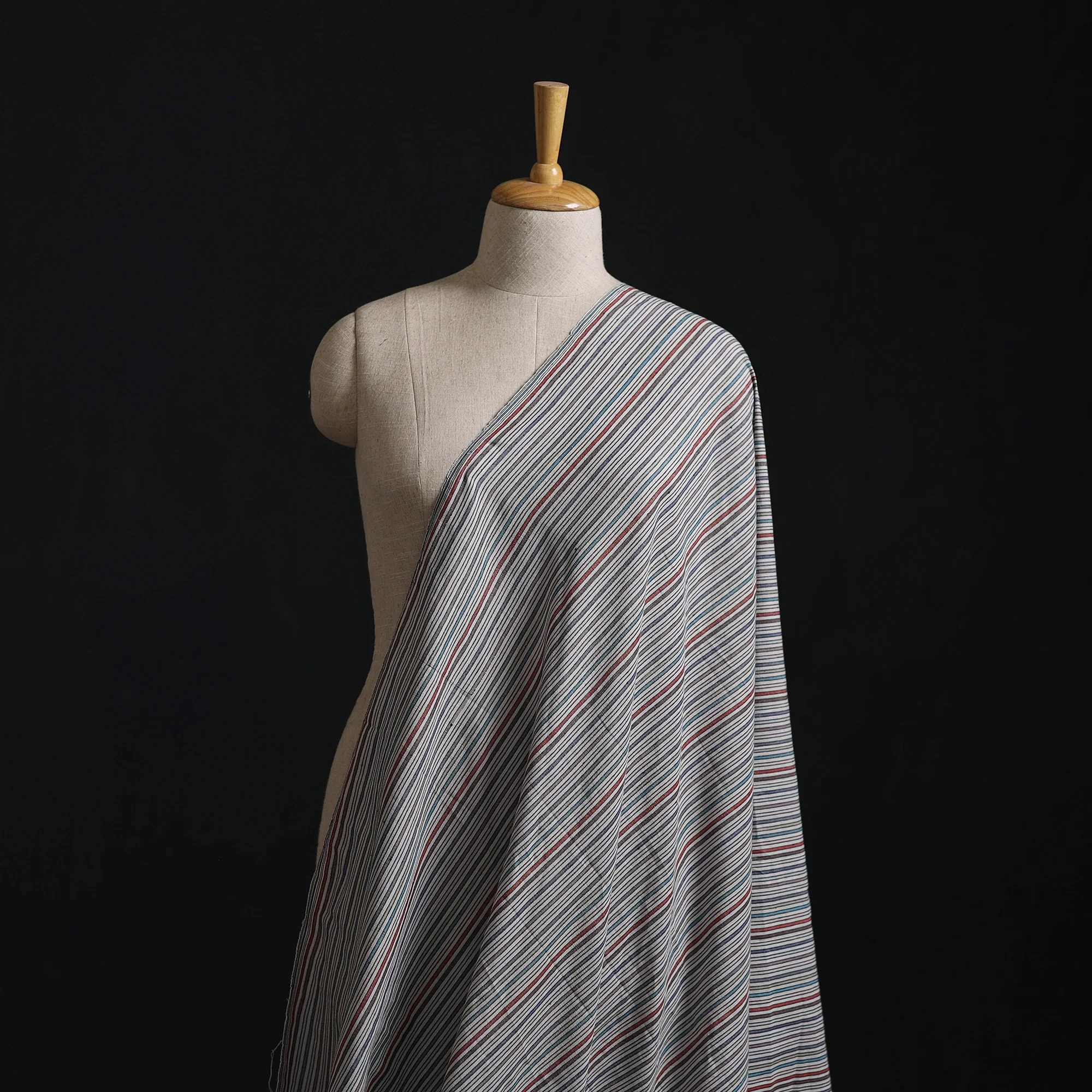Gray - Jhiri Pure Handloom Stripes Cotton Fabric 09
