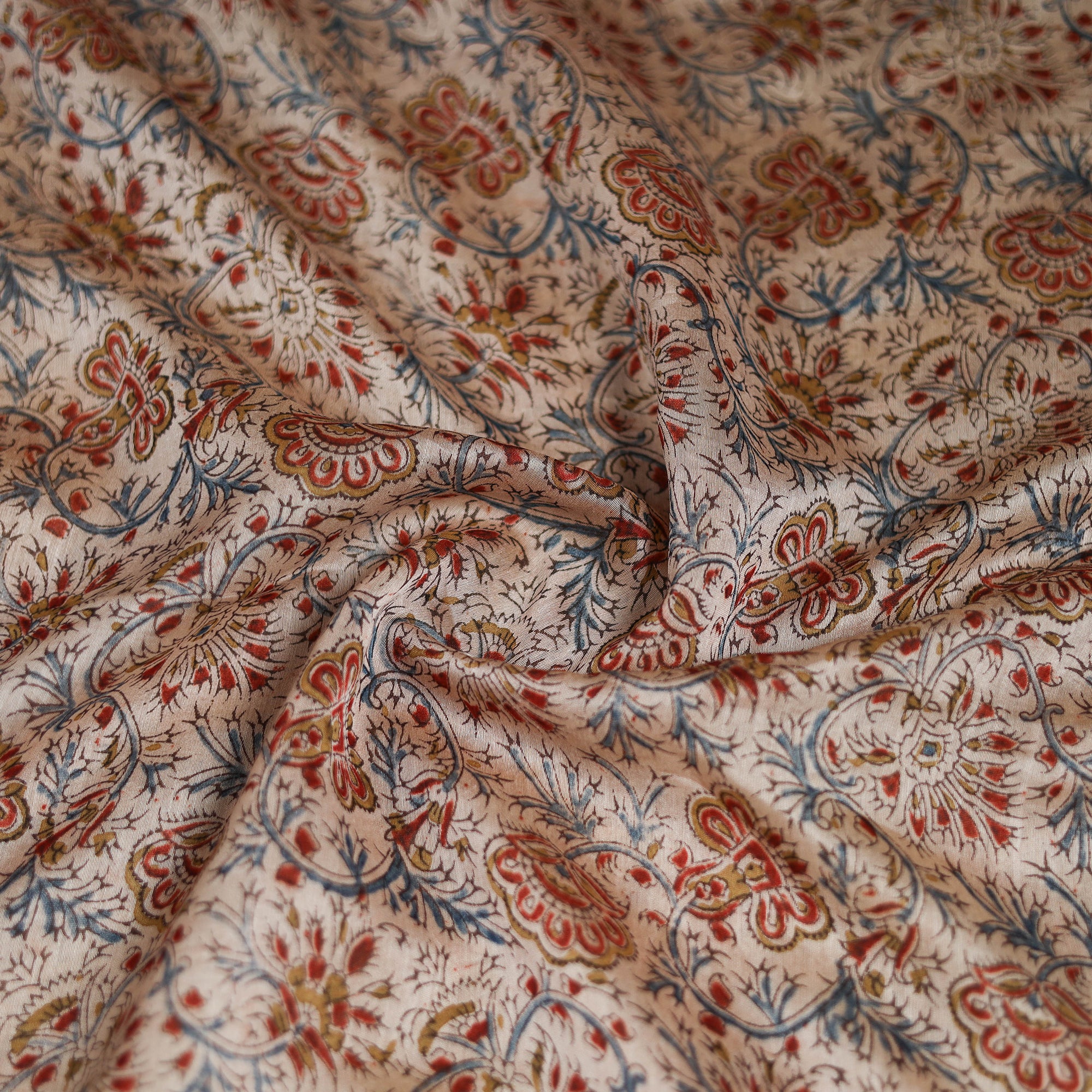 Beige - Kalamkari Hand Block Print Natural Dyed Chanderi Silk Scarf 91 - Image 3