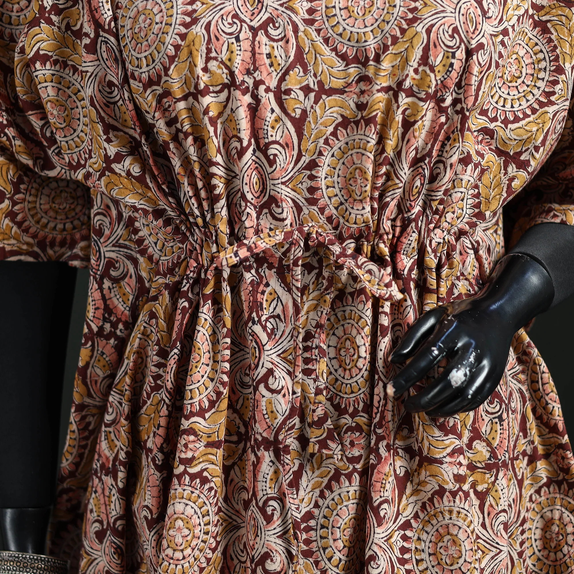 Brown - Kalamkari Hand Block Print Natural Dyed Cotton Kaftan (Short) 21 - Image 3