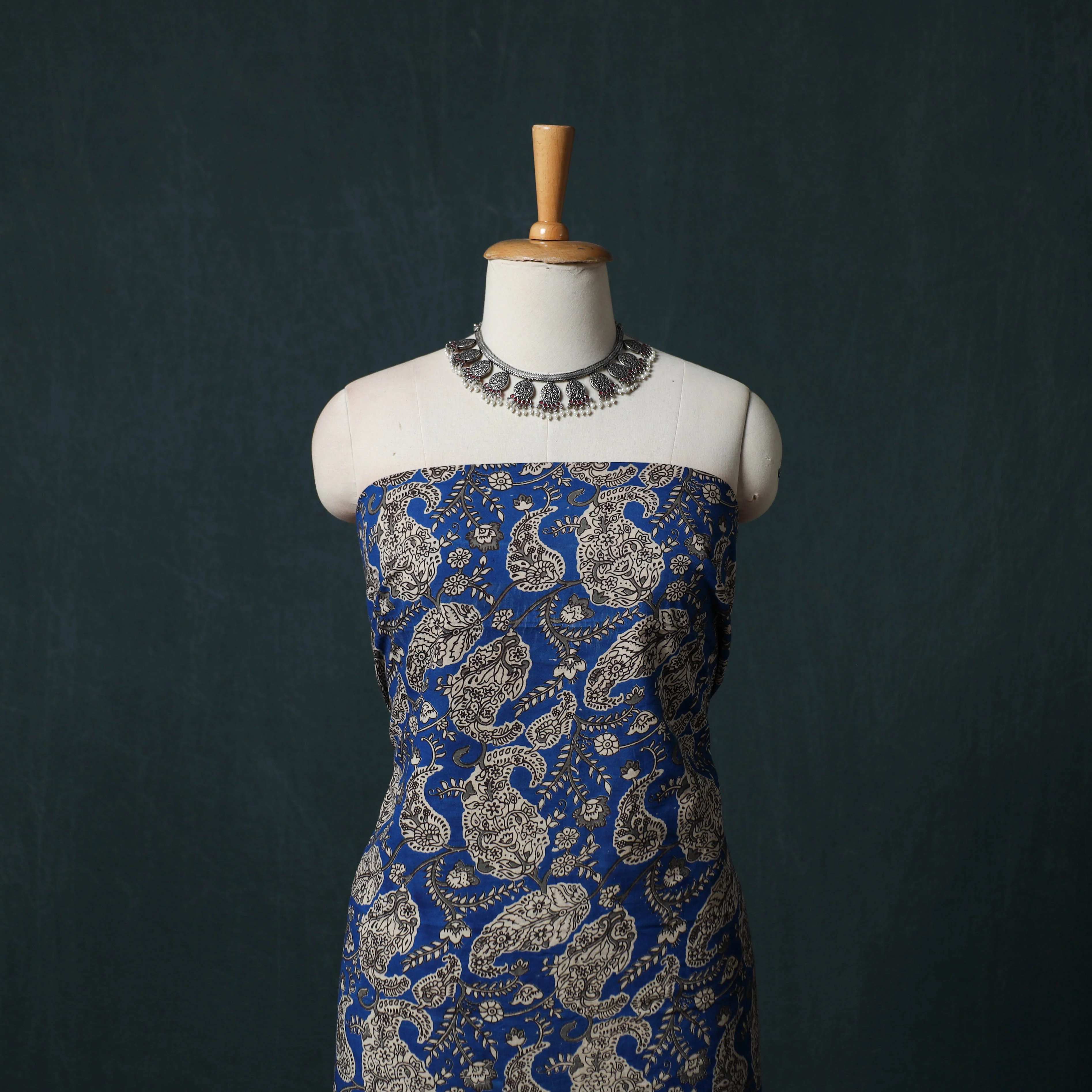 Blue - Kalamkari Printed Cotton 2pc Unstitched Dress Material Kurta Set 08 - Image 2